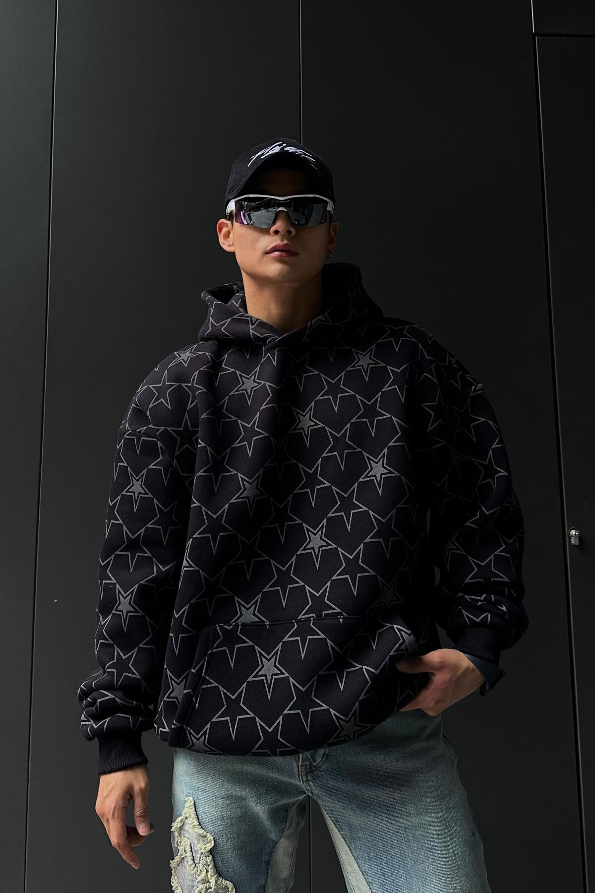 Rv Star Desen Siyah Oversize Sweatshirt SW1025