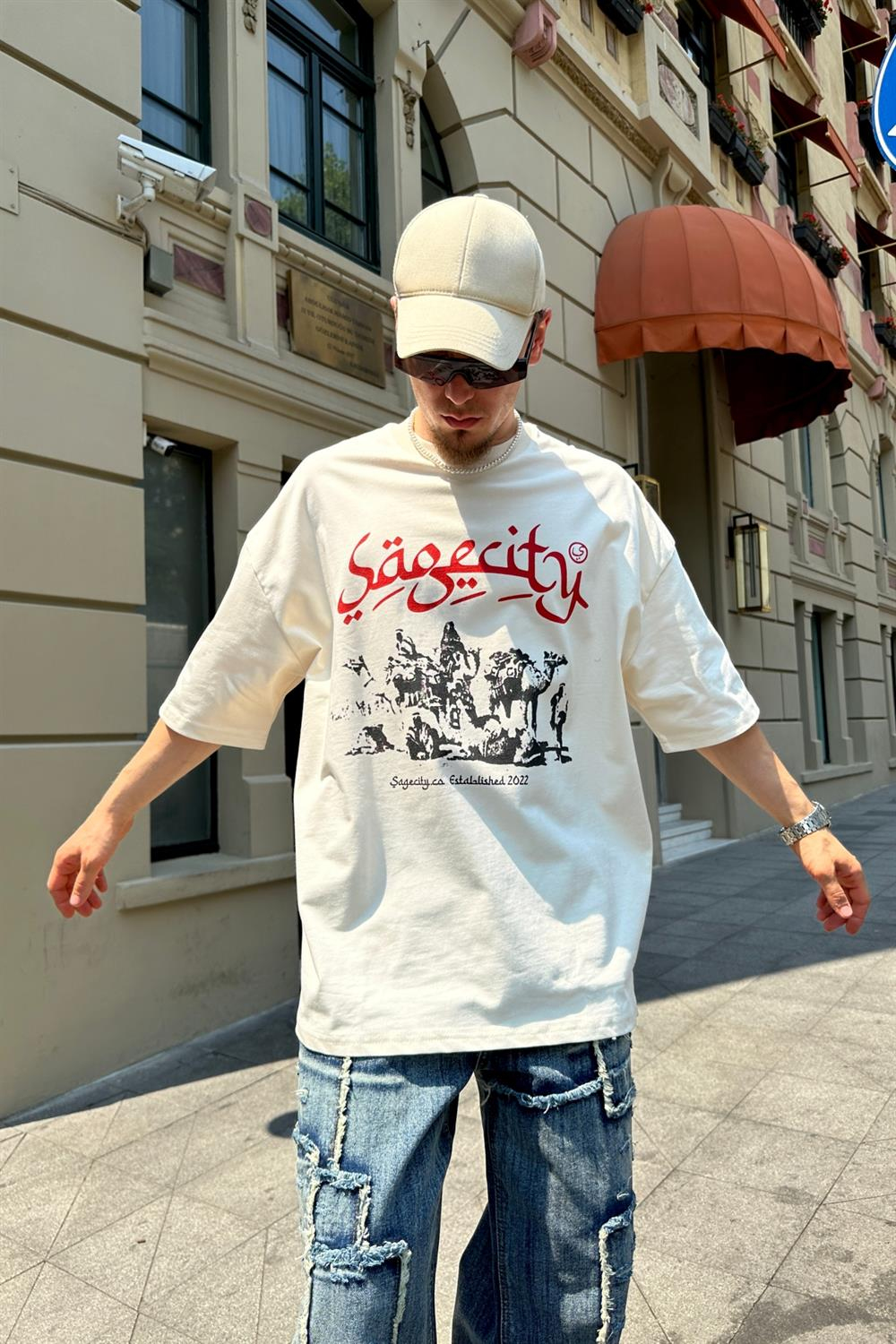Sagecity Krem Baskılı Oversize Tshirt T826