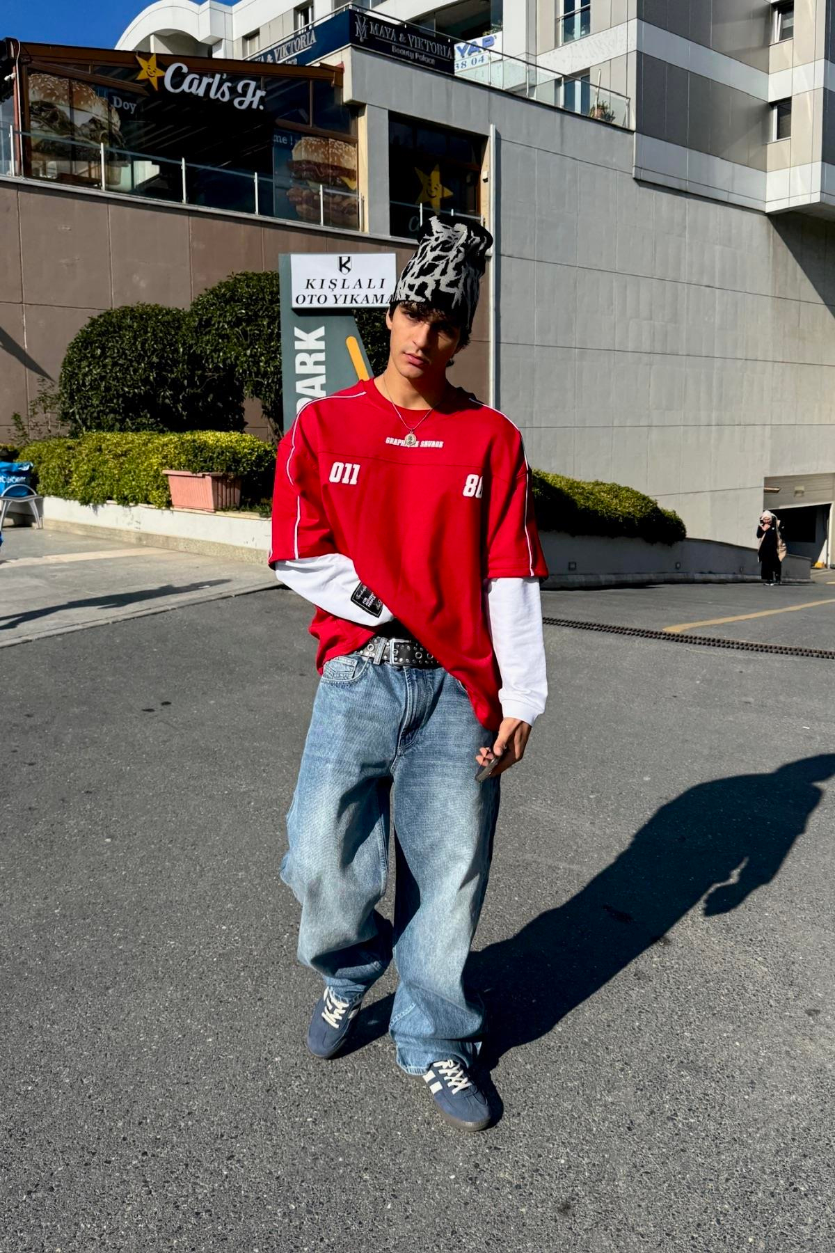 Savage Baskılı Kırmızı Oversize Sweatshirt JC01