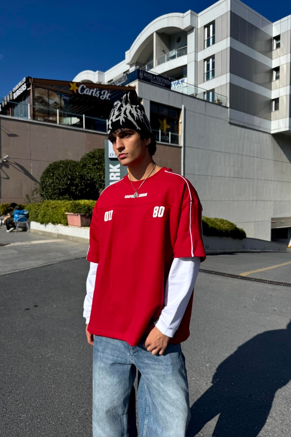 Savage Baskılı Kırmızı Oversize Sweatshirt JC01