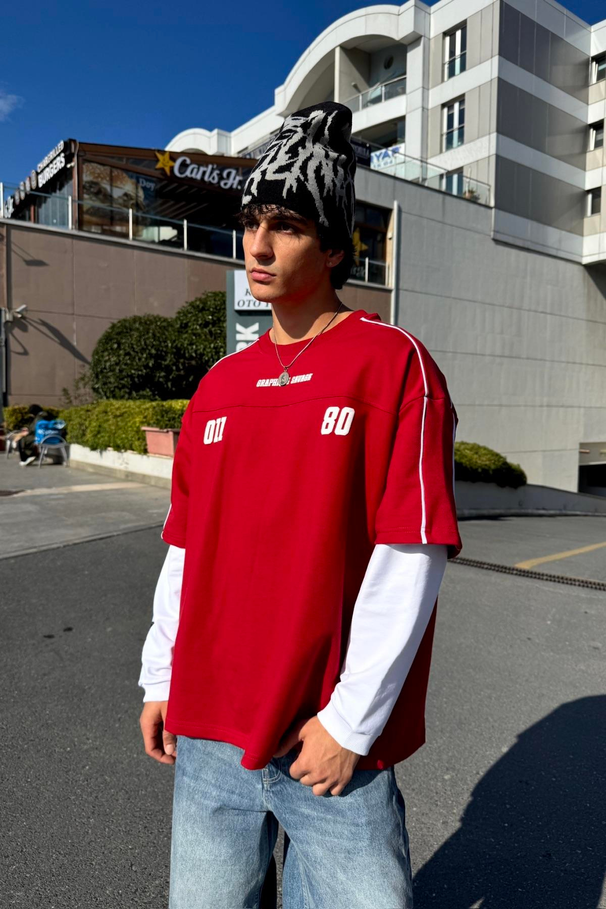 Savage Baskılı Kırmızı Oversize Sweatshirt JC01