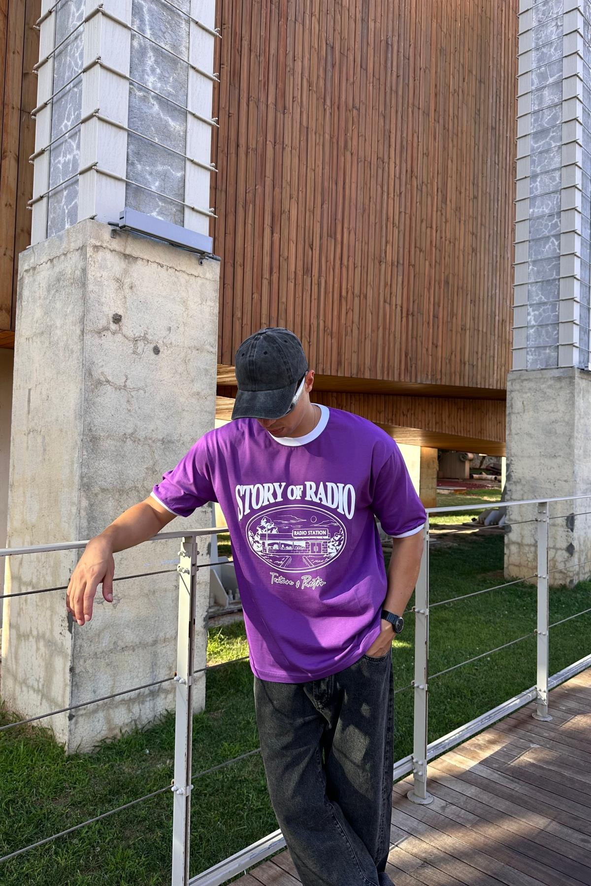 Şerit Detay Baskılı Mor Oversize Tshirt T1181