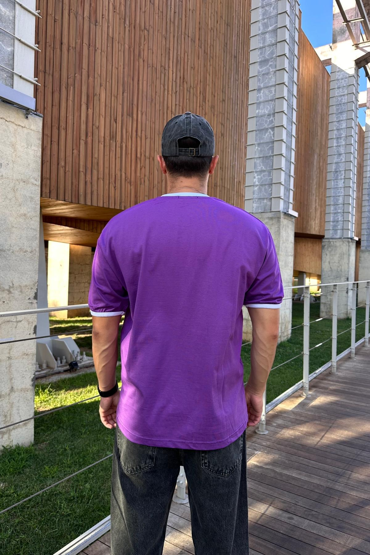 Şerit Detay Baskılı Mor Oversize Tshirt T1181