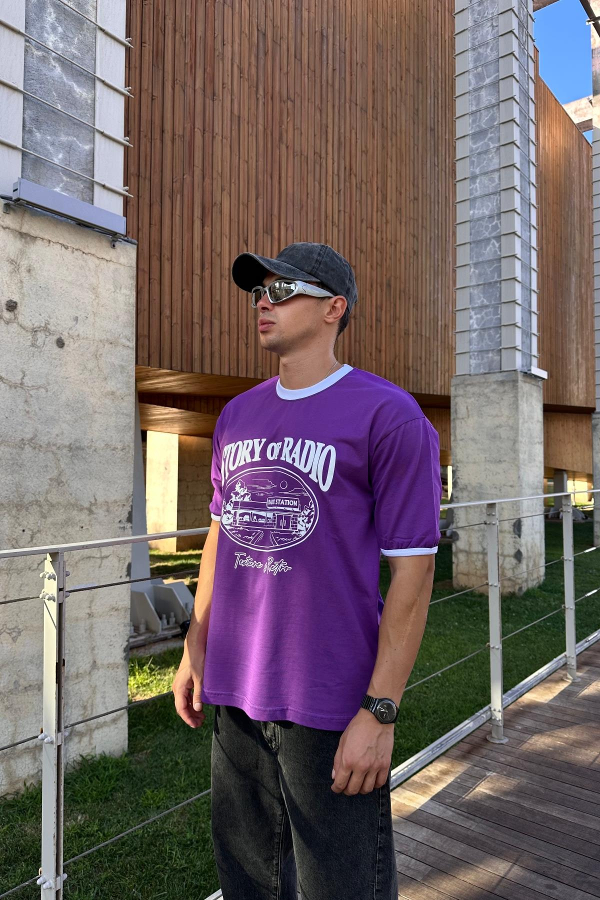 Şerit Detay Baskılı Mor Oversize Tshirt T1181