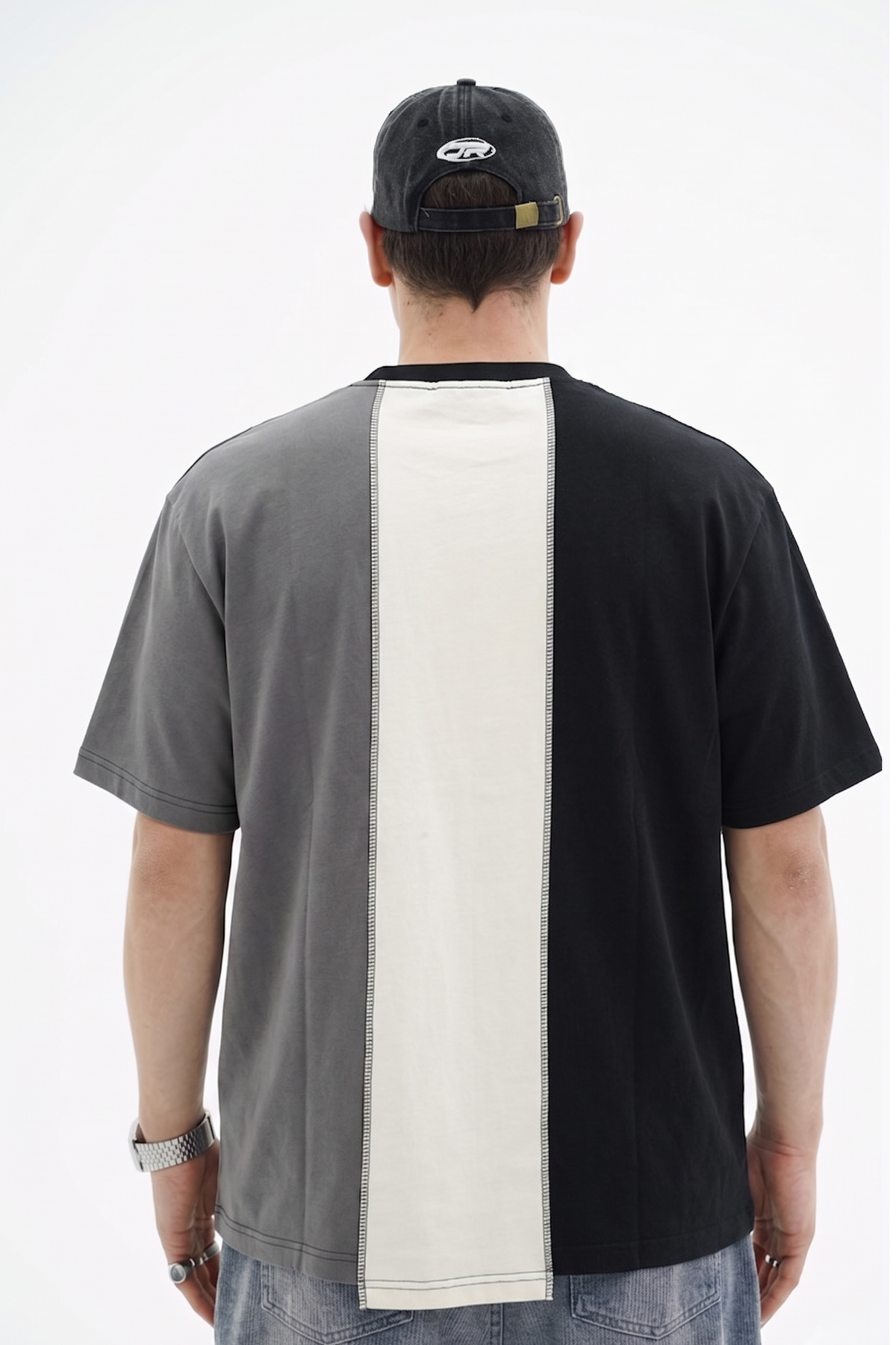 Şerit Detay Kontrast Dikiş Oversize Tshirt