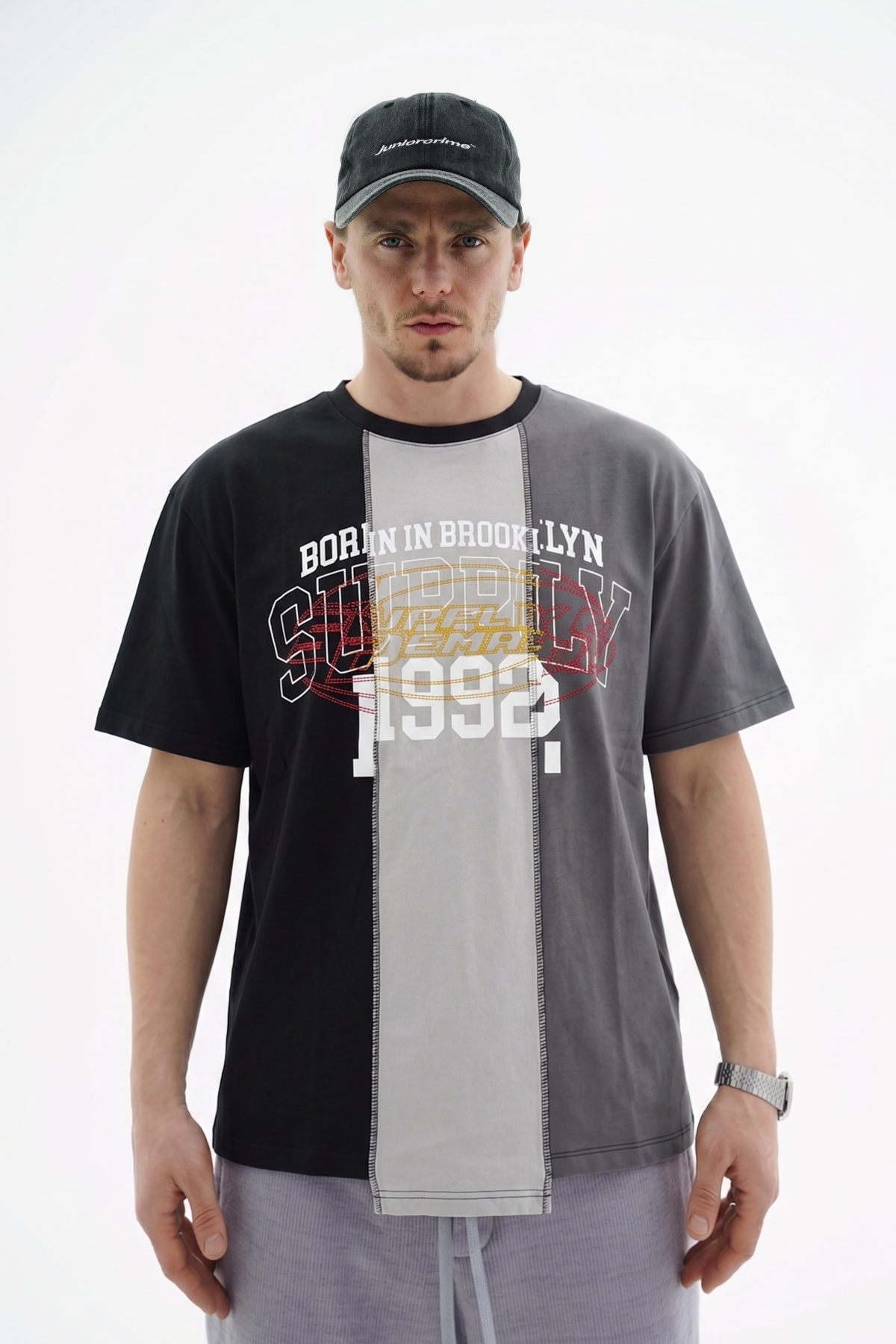 Şerit Detay Kontrast Dikiş Oversize Tshirt