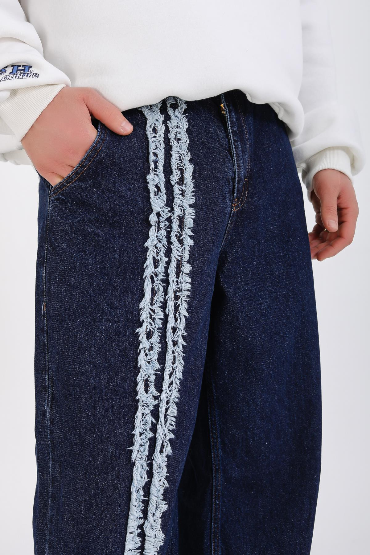 Şerit Detay Koyu Mavi Baggy Jean Pantolon P1125