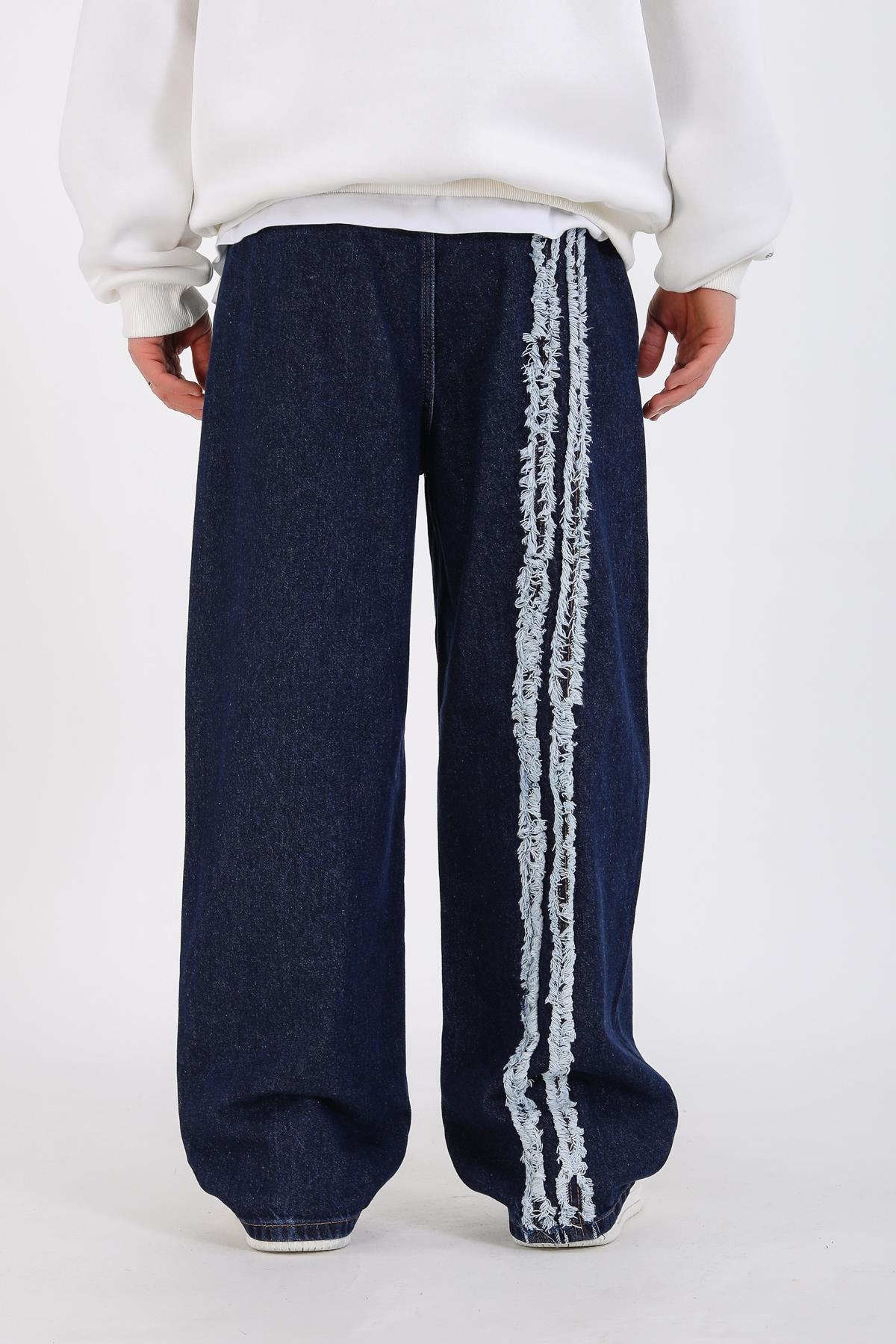Şerit Detay Koyu Mavi Baggy Jean Pantolon P1125