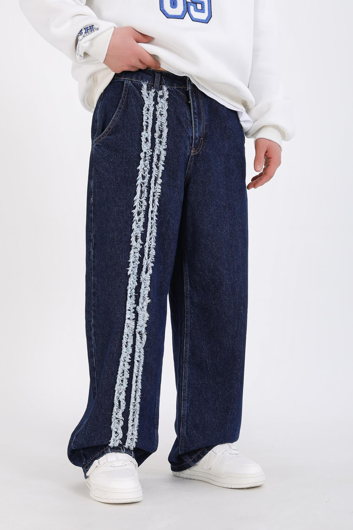 Şerit Detay Koyu Mavi Baggy Jean Pantolon P1125