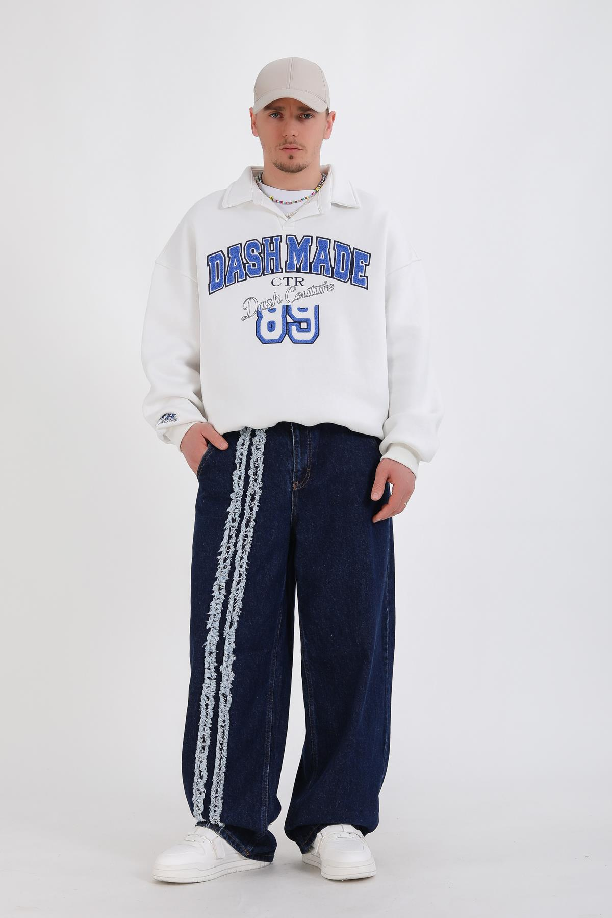 Şerit Detay Koyu Mavi Baggy Jean Pantolon P1125