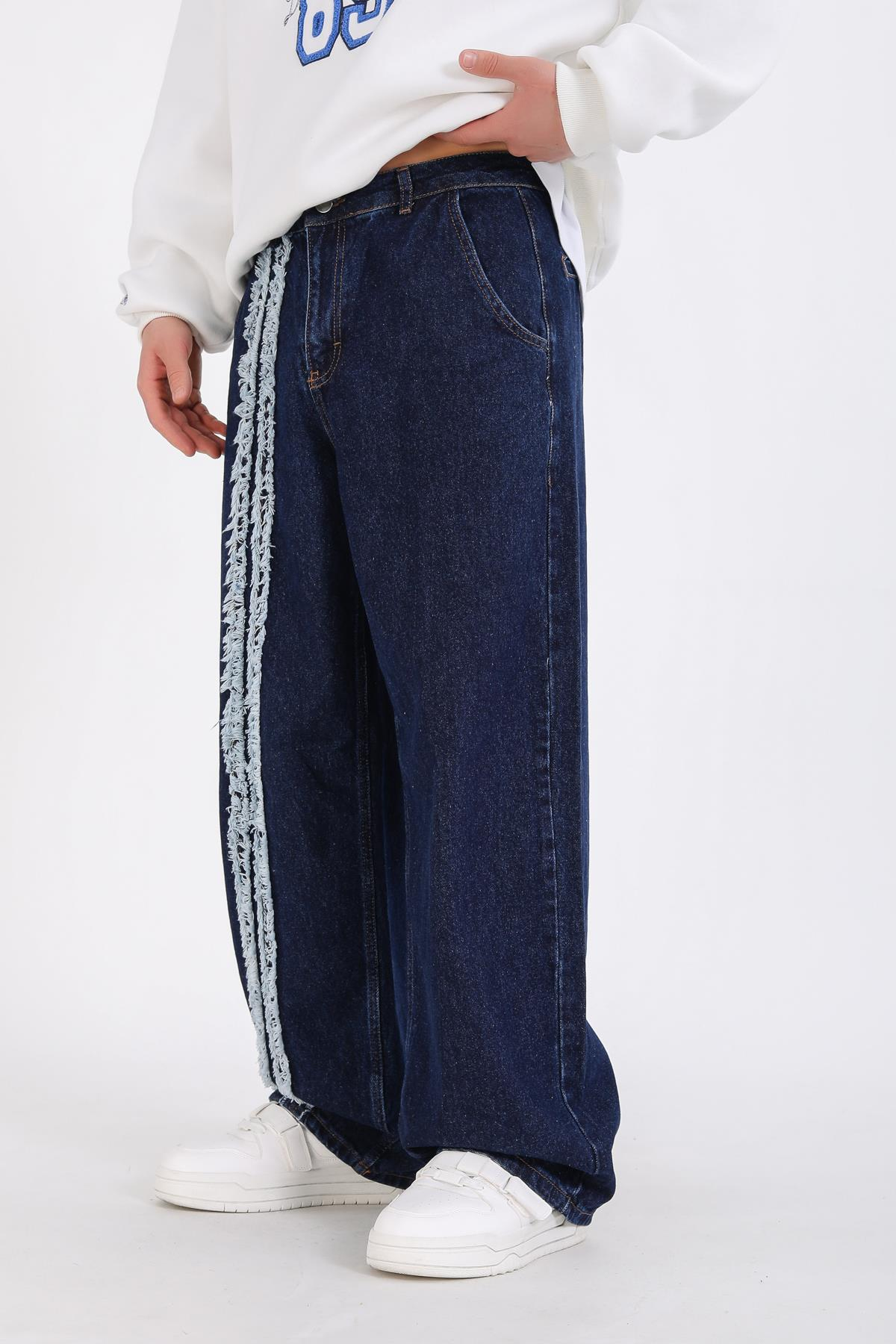 Şerit Detay Koyu Mavi Baggy Jean Pantolon P1125