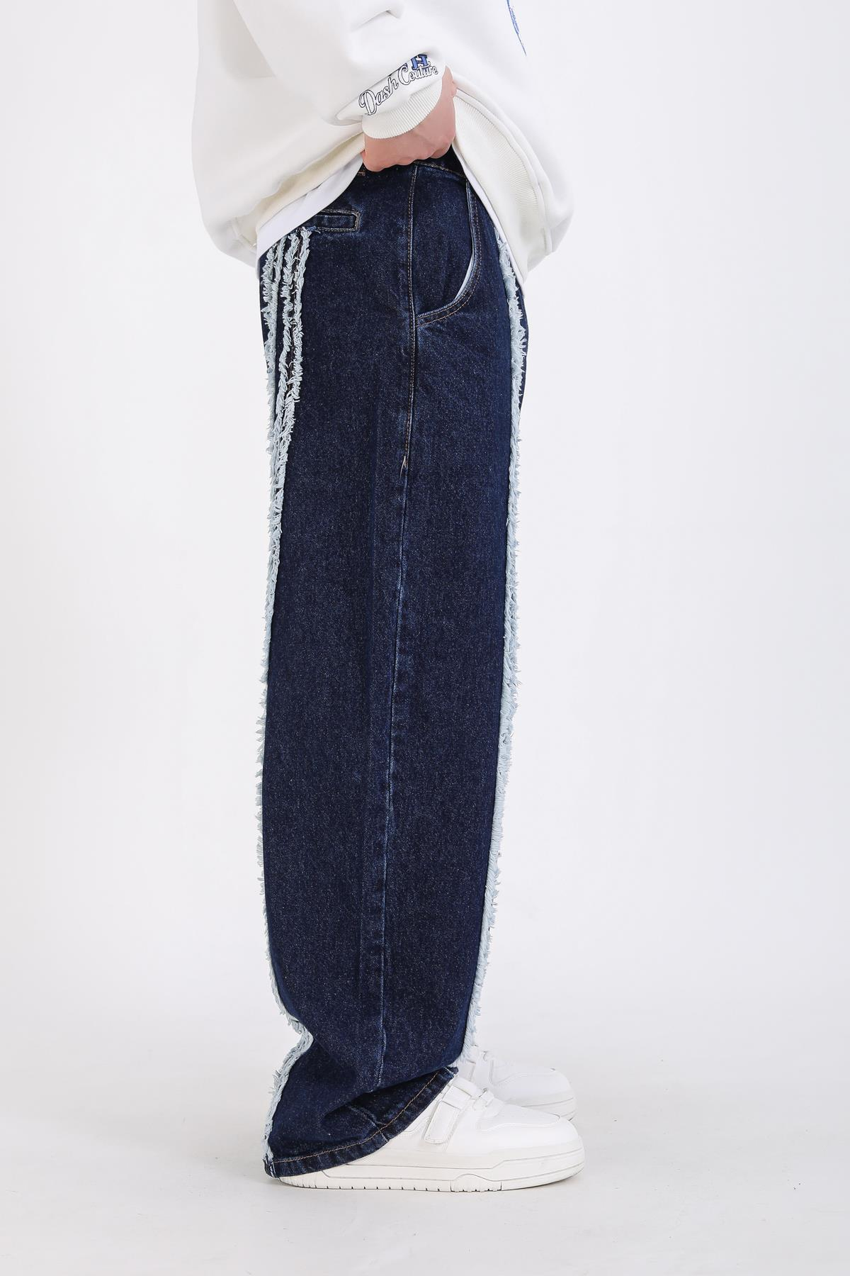Şerit Detay Koyu Mavi Baggy Jean Pantolon P1125