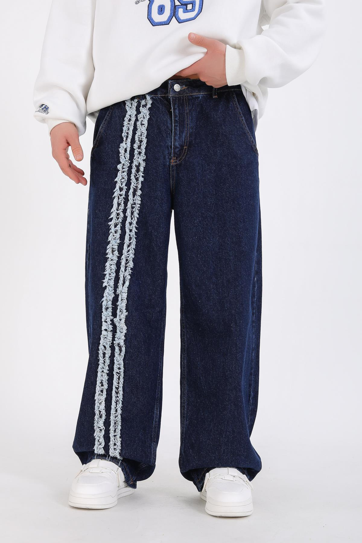 Şerit Detay Koyu Mavi Baggy Jean Pantolon P1125