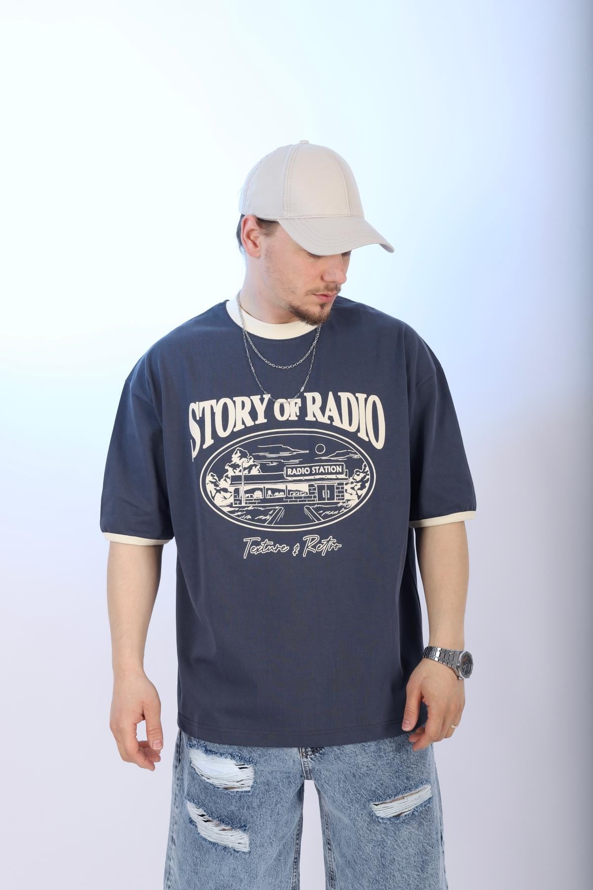Şerit Detay Mavi Oversize Tshirt T995