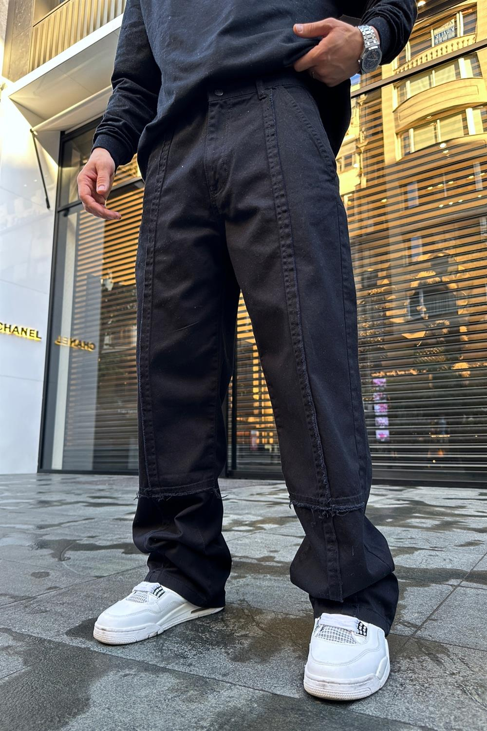 Şerit Detay Siyah Jean Pantolon P804