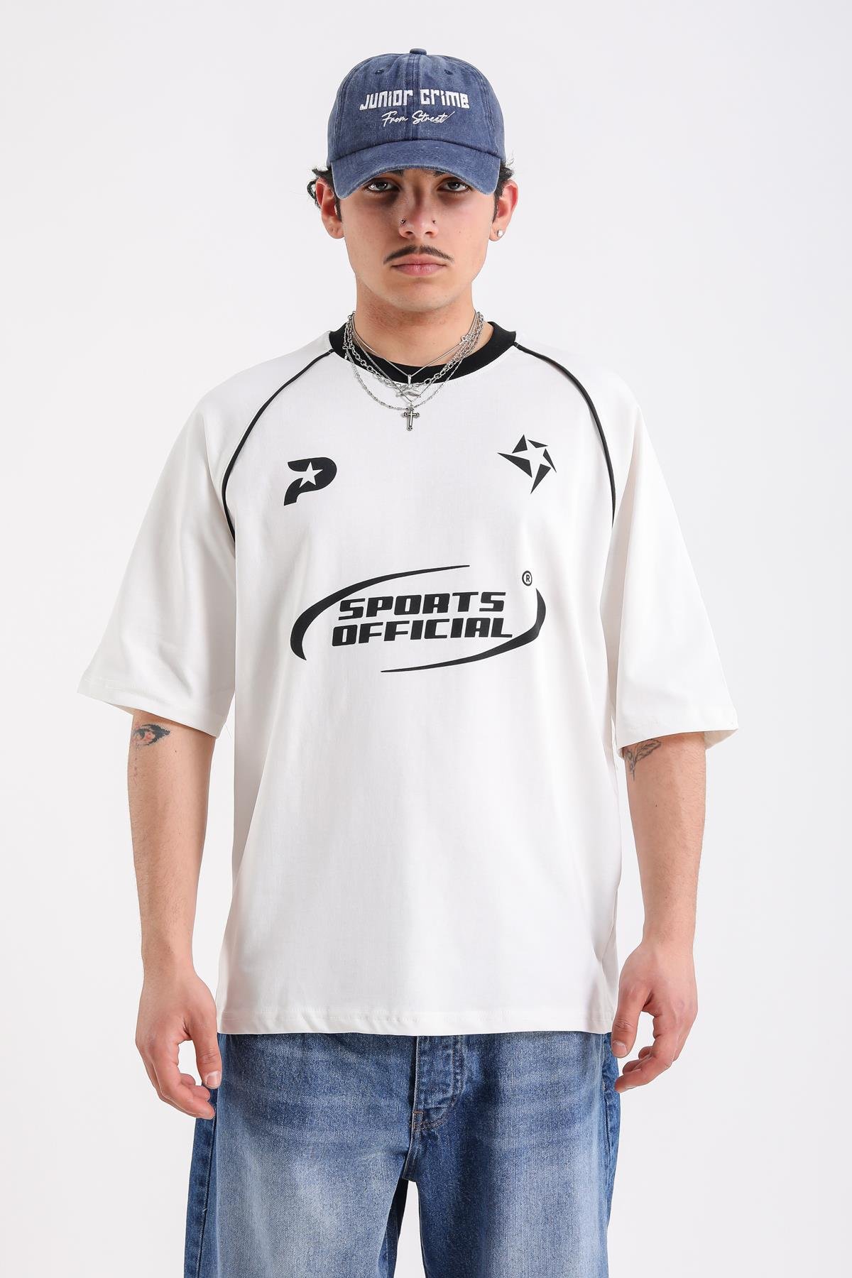 Şerit Detay Sports Official Baskılı Krem Oversize Tshirt