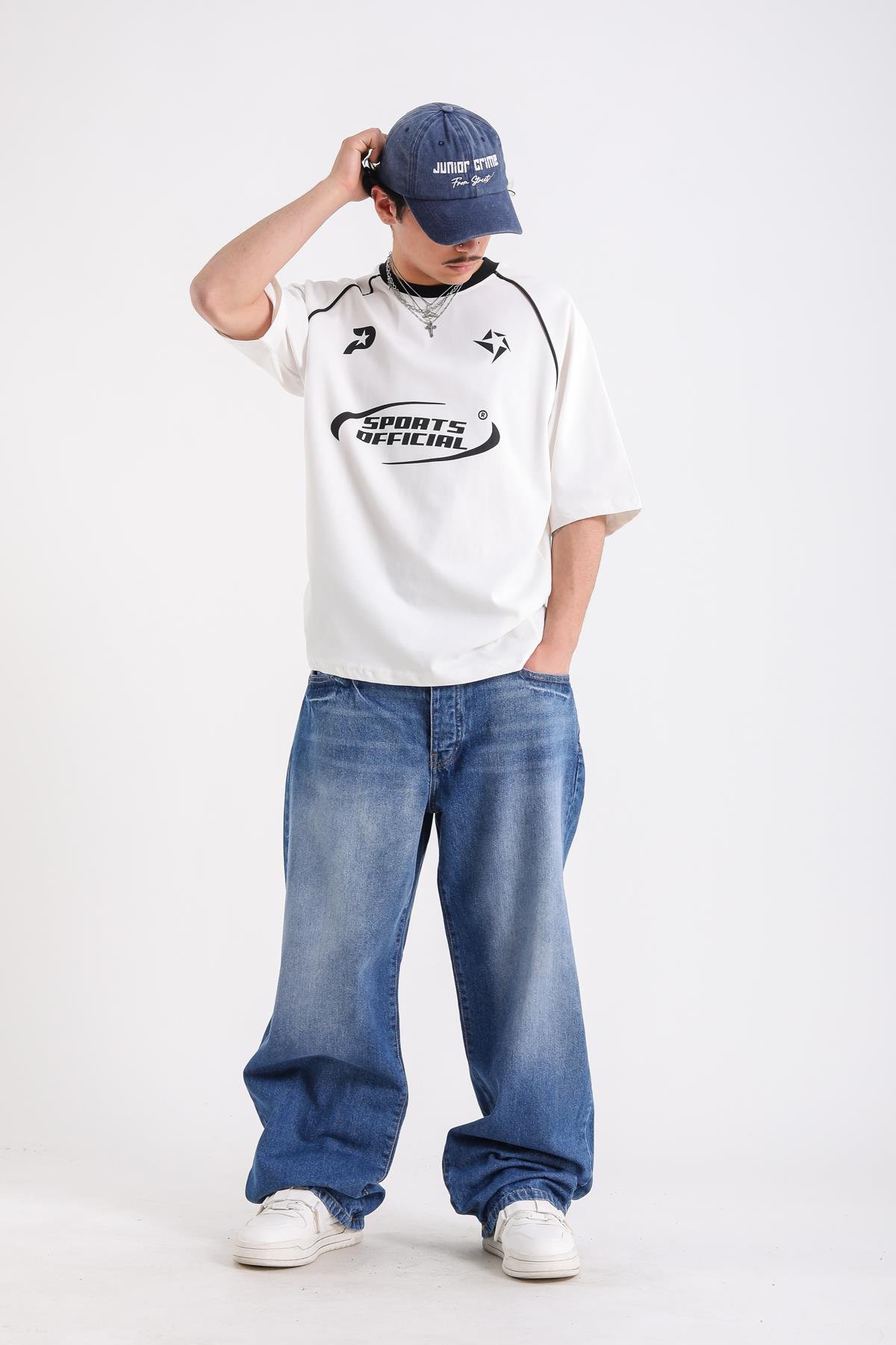 Şerit Detay Sports Official Baskılı Krem Oversize Tshirt