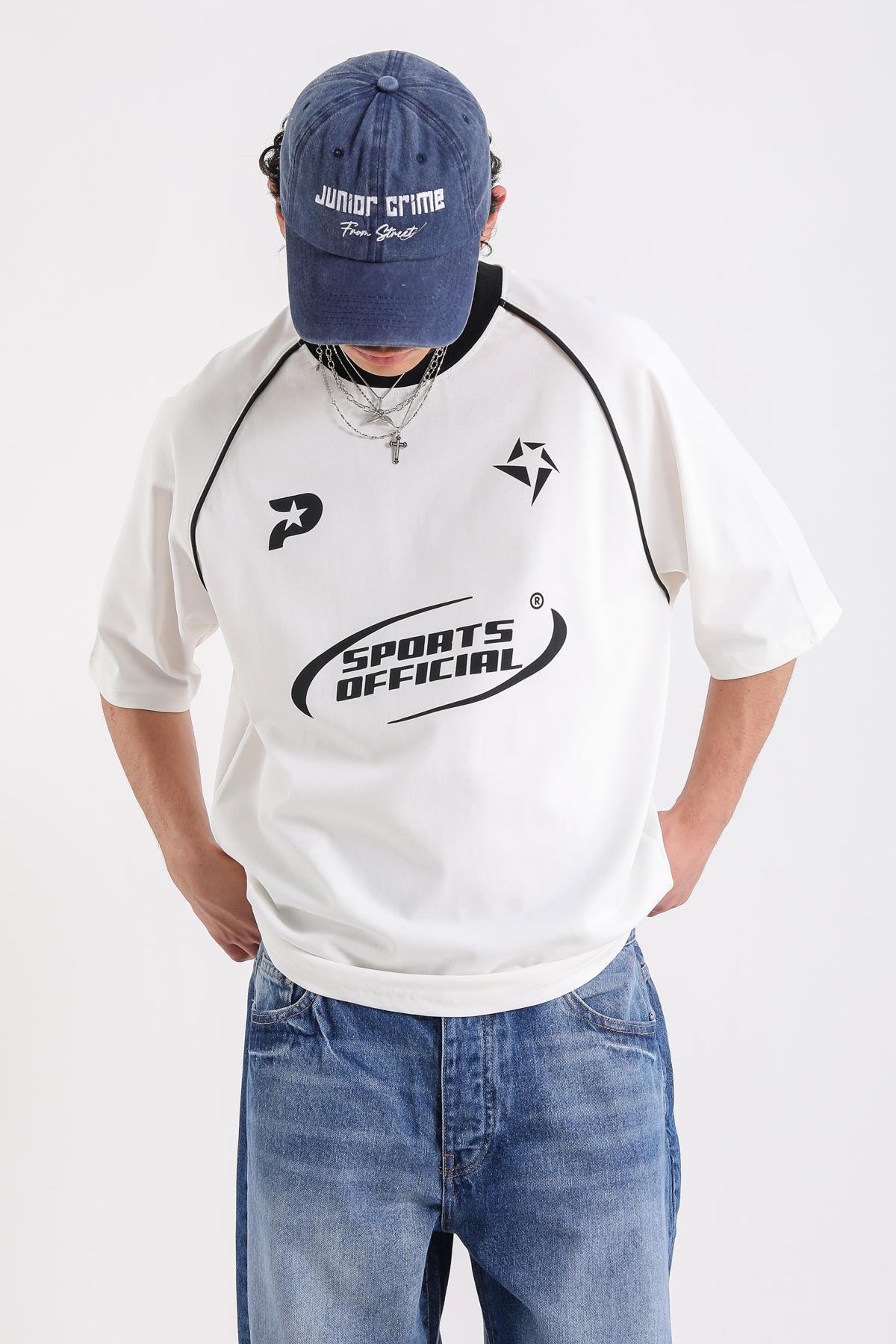 Şerit Detay Sports Official Baskılı Krem Oversize Tshirt