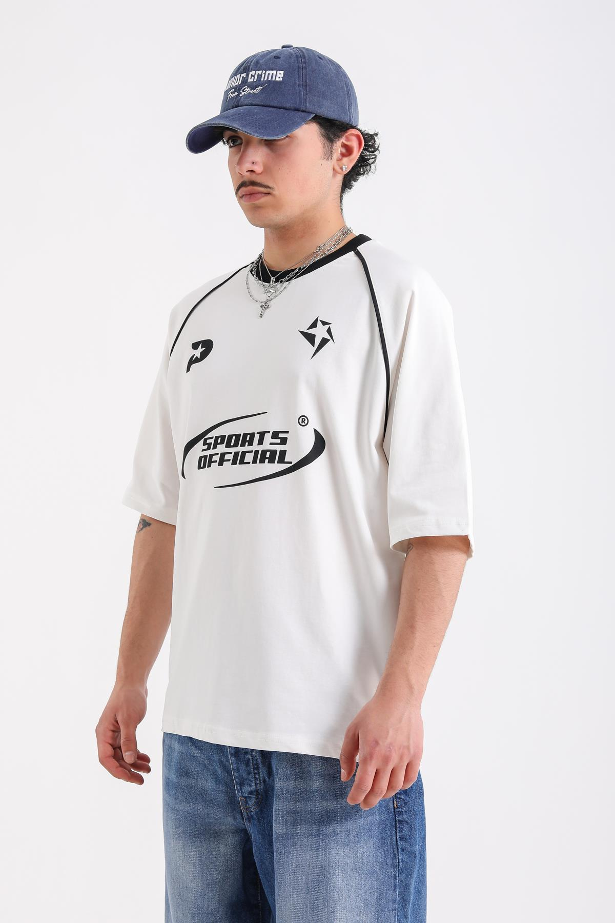 Şerit Detay Sports Official Baskılı Krem Oversize Tshirt