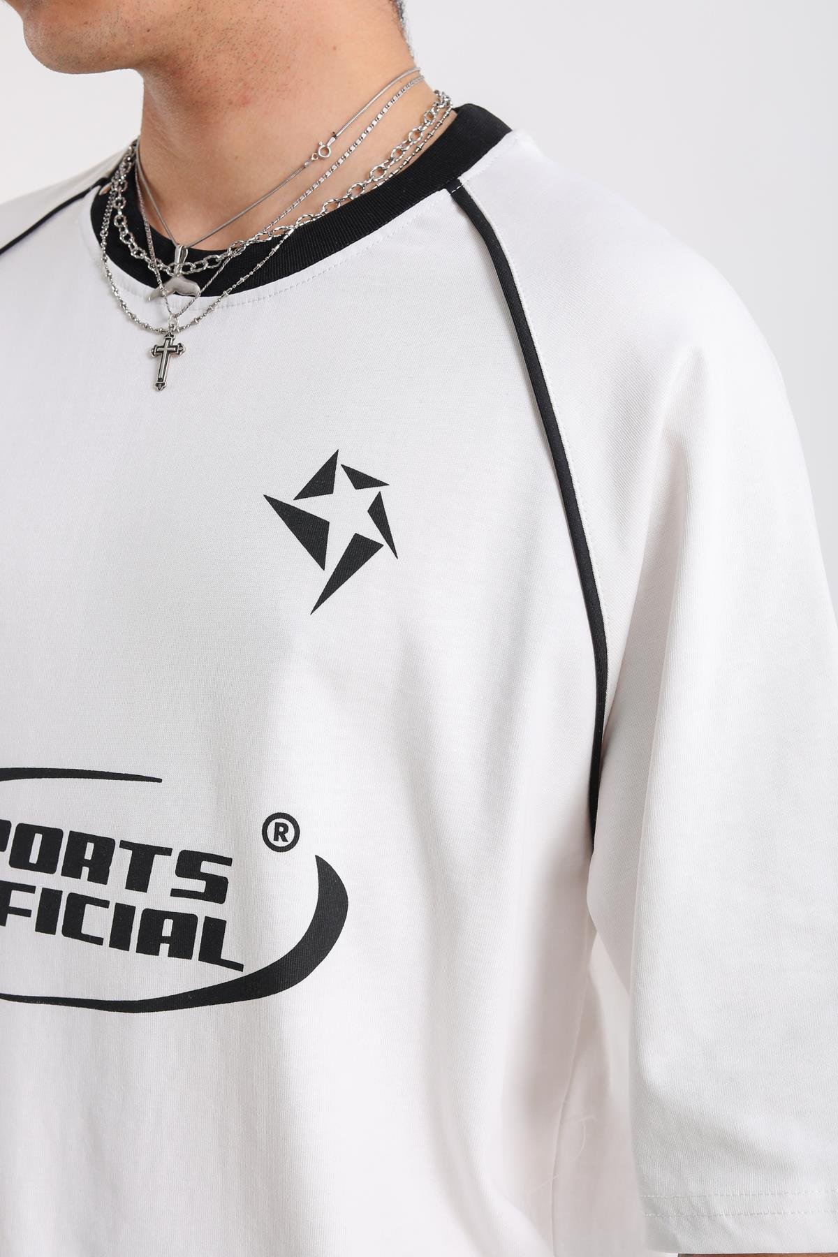 Şerit Detay Sports Official Baskılı Krem Oversize Tshirt
