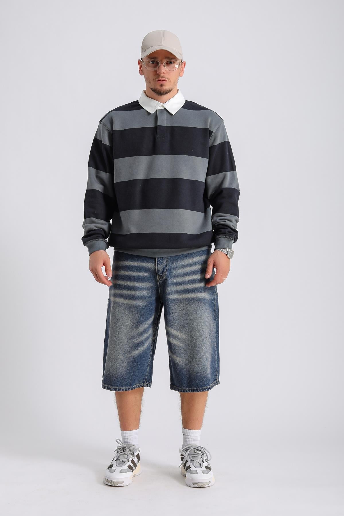 Şeritli Antasit Oversize Sleeved Tshirt SW1133