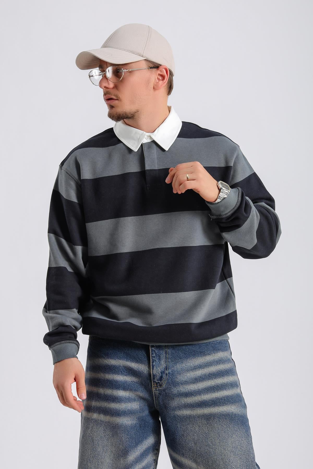Şeritli Antasit Oversize Sleeved Tshirt SW1133