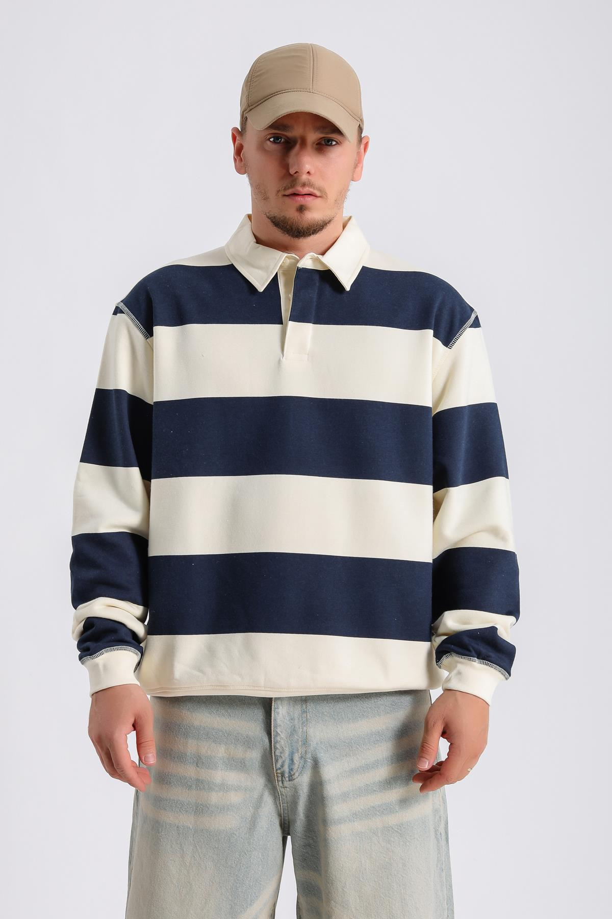 Şeritli Bej Oversize Sleeved Tshirt SW1131