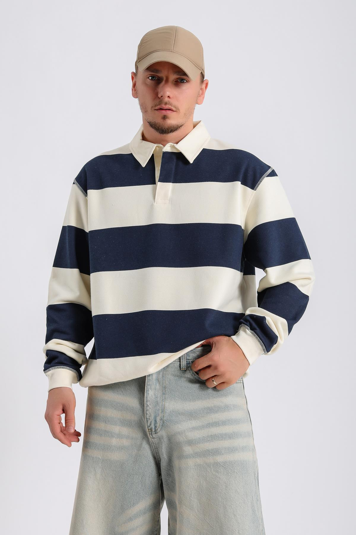 Şeritli Bej Oversize Sleeved Tshirt SW1131