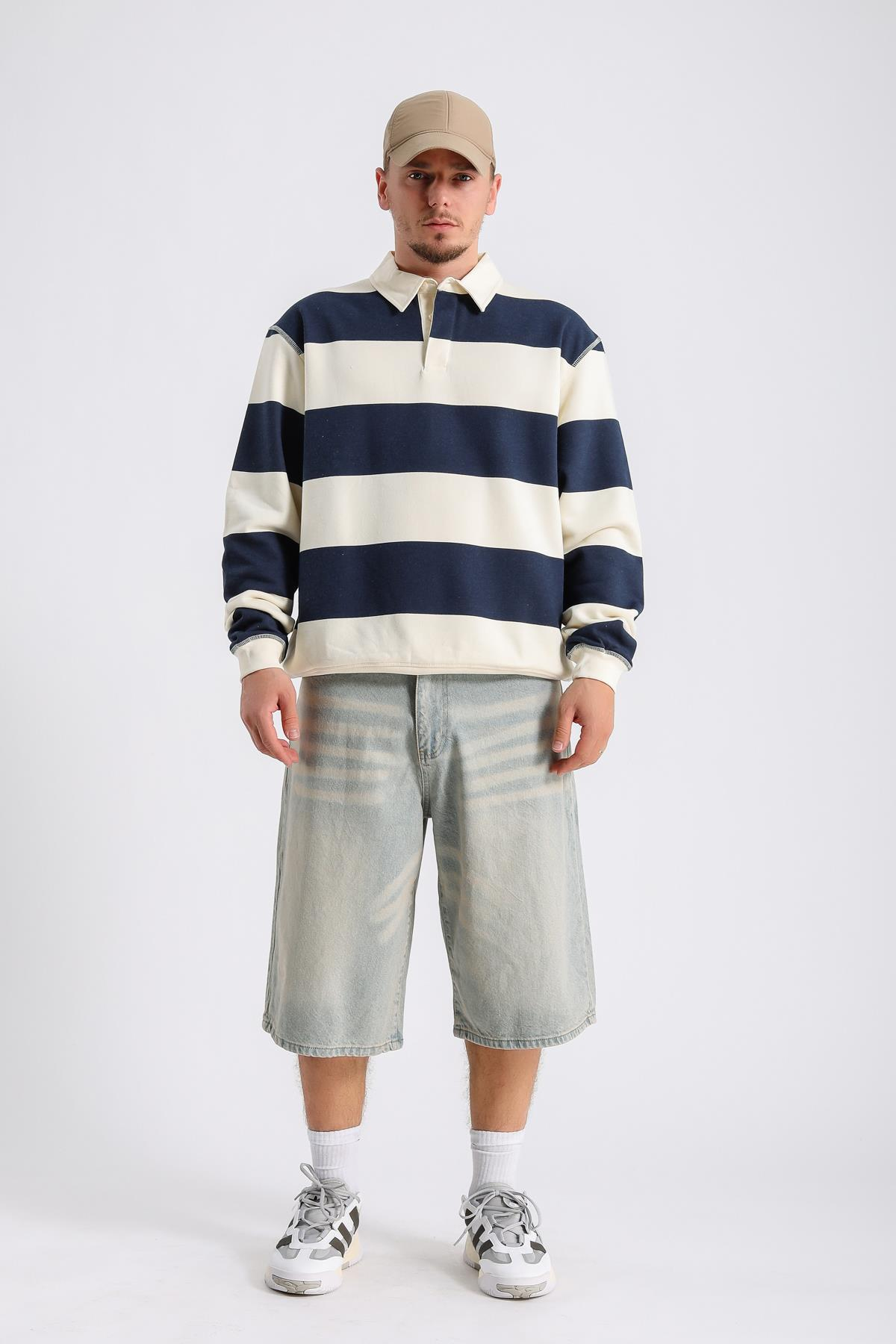 Şeritli Bej Oversize Sleeved Tshirt SW1131
