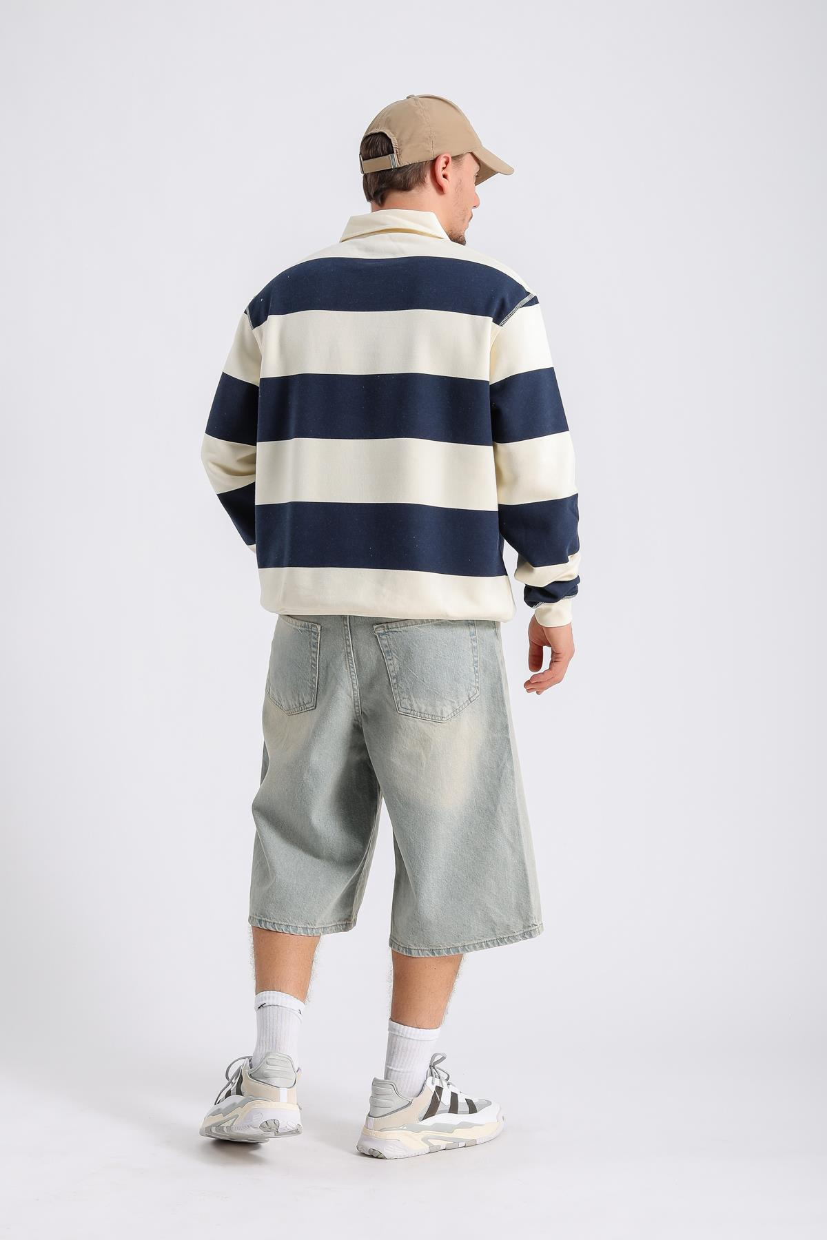 Şeritli Bej Oversize Sleeved Tshirt SW1131