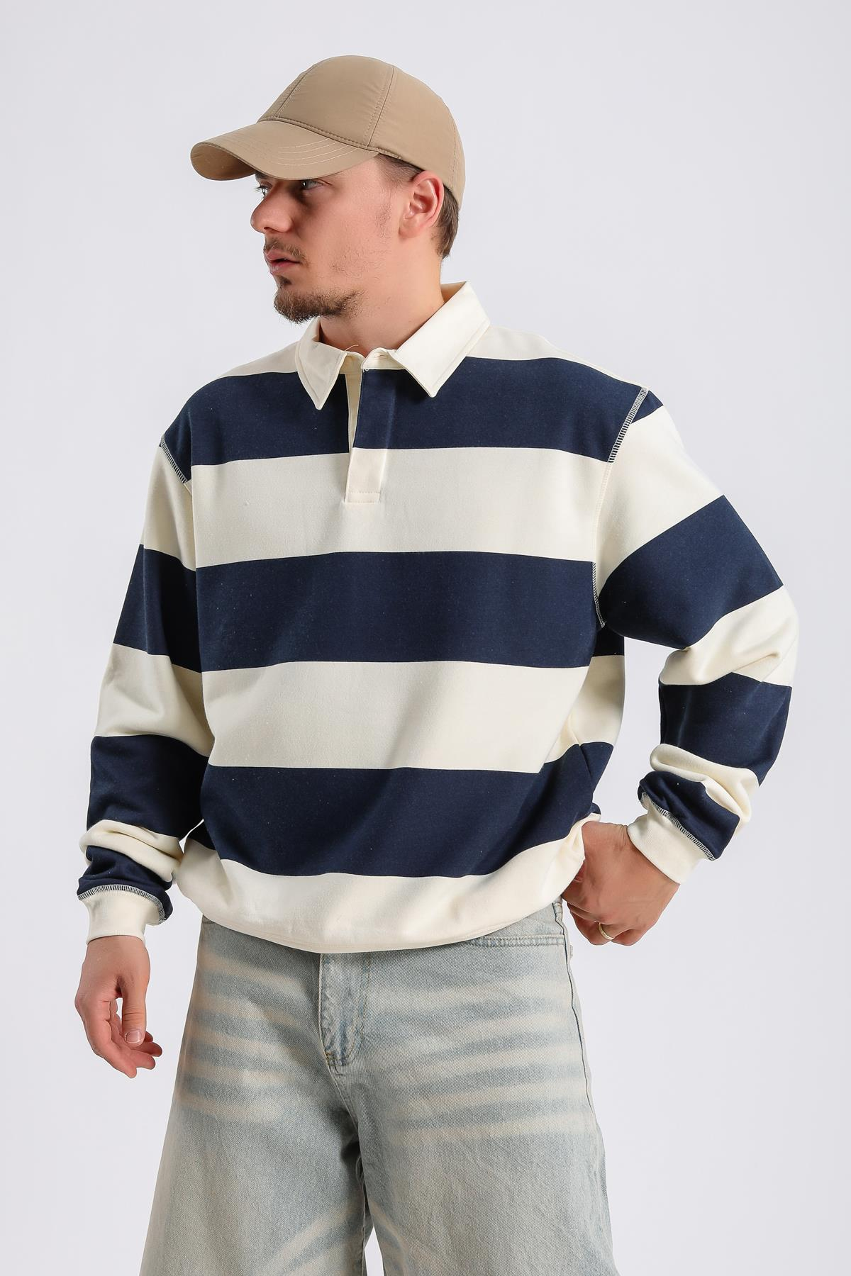 Şeritli Bej Oversize Sleeved Tshirt SW1131
