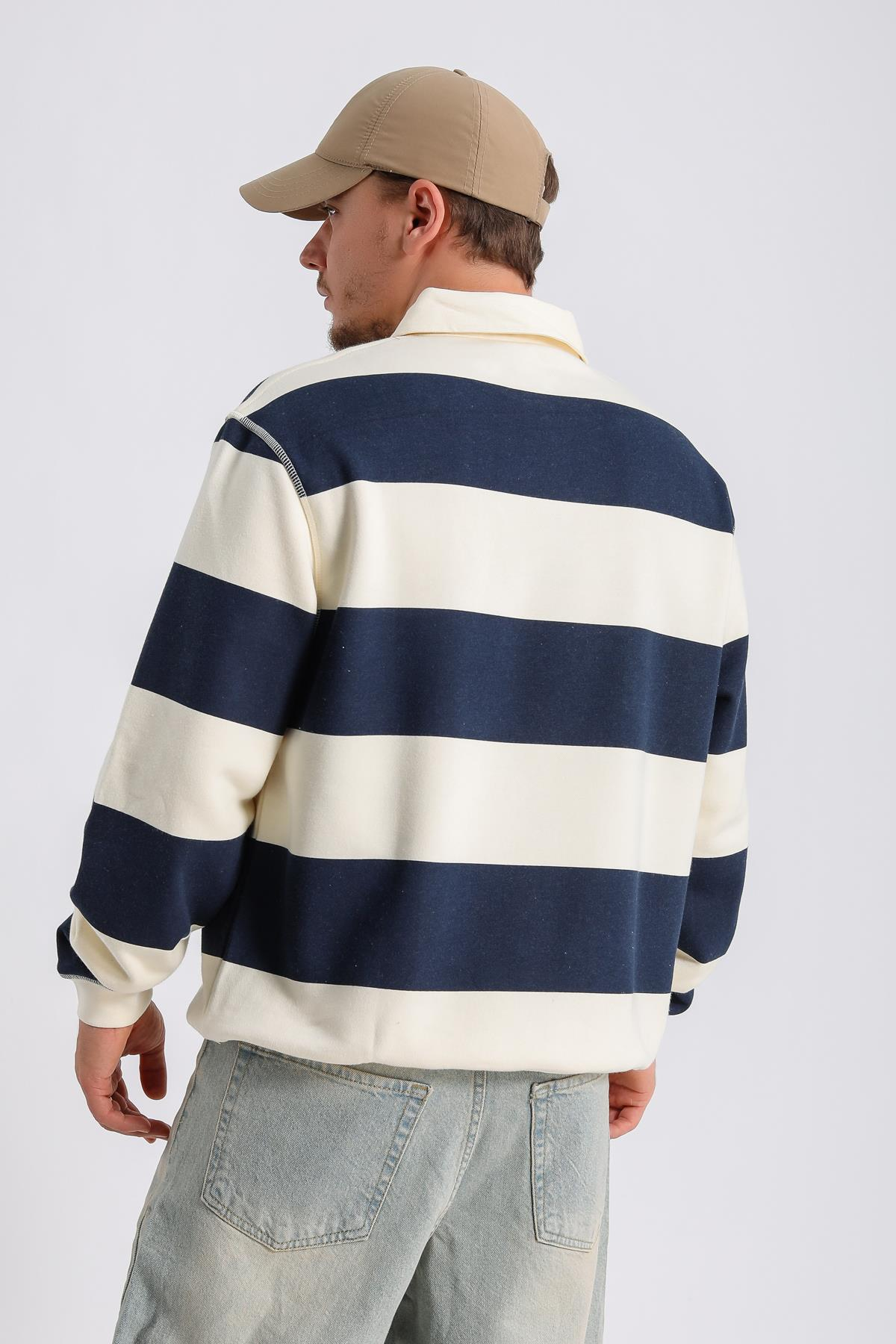 Şeritli Bej Oversize Sleeved Tshirt SW1131