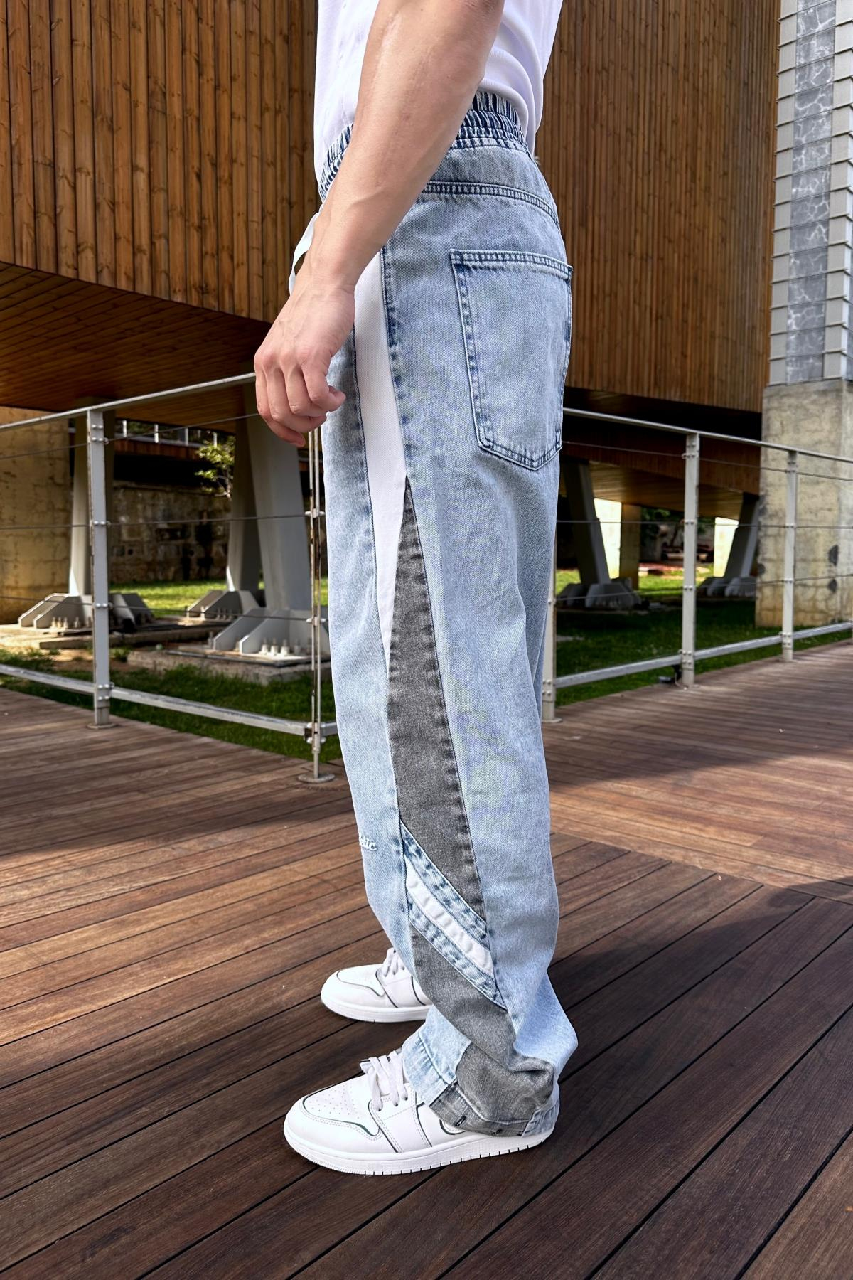 Şeritli Bel Lastikli Baggy Jean Pantolon P945