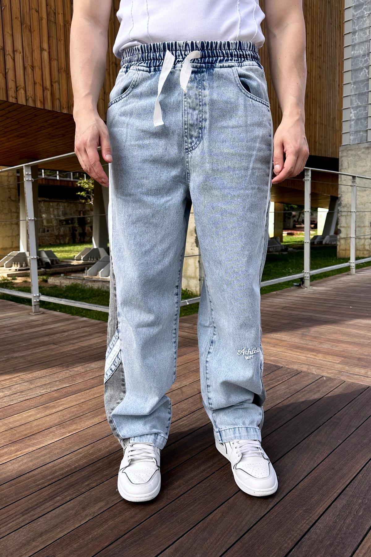 Şeritli Bel Lastikli Baggy Jean Pantolon P945