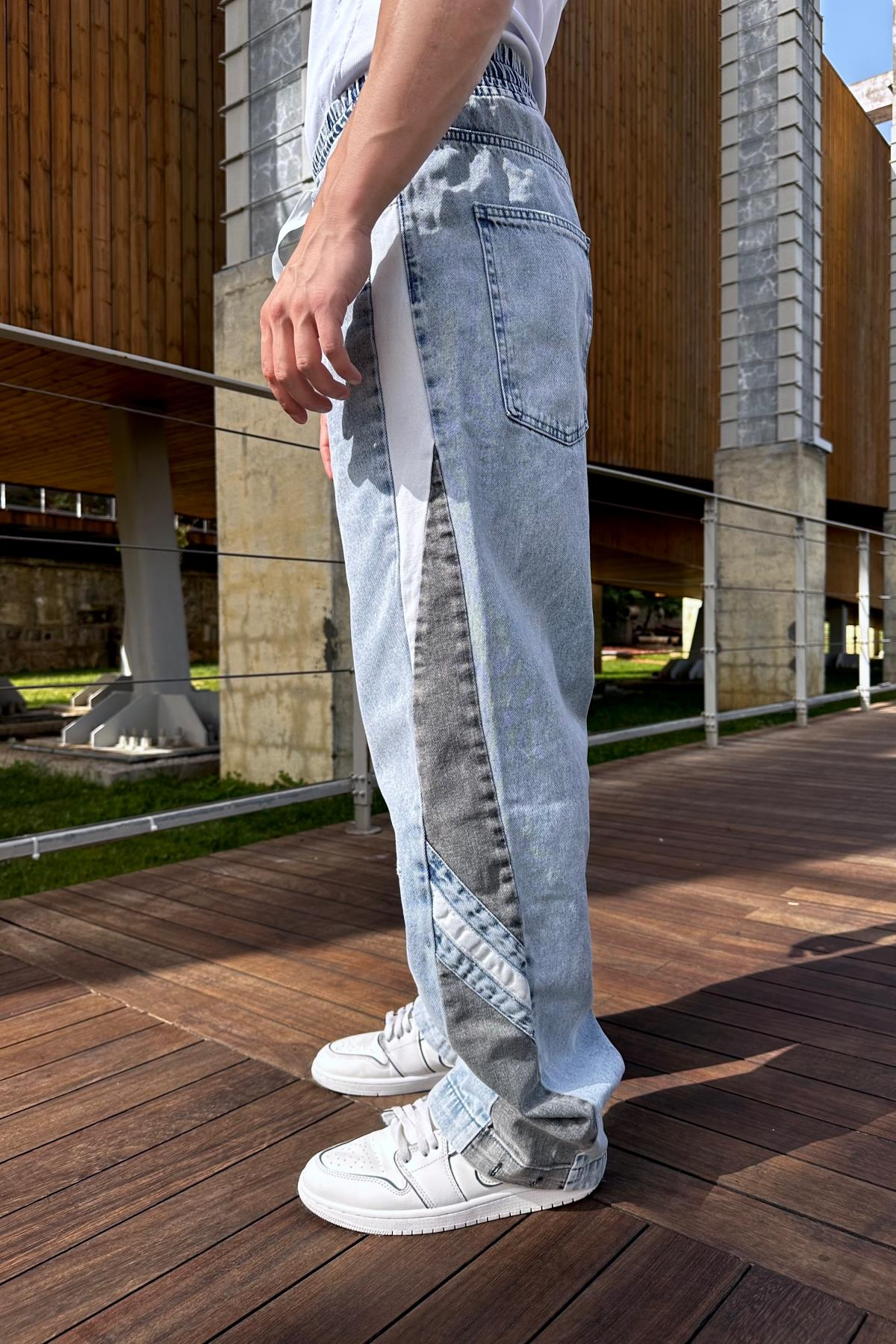 Şeritli Bel Lastikli Baggy Jean Pantolon P945