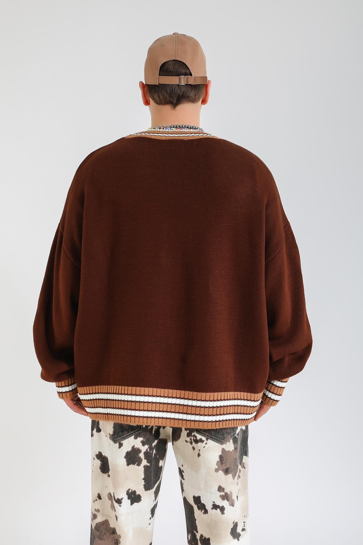 Şeritli Kahve Oversize Kazak KZK150