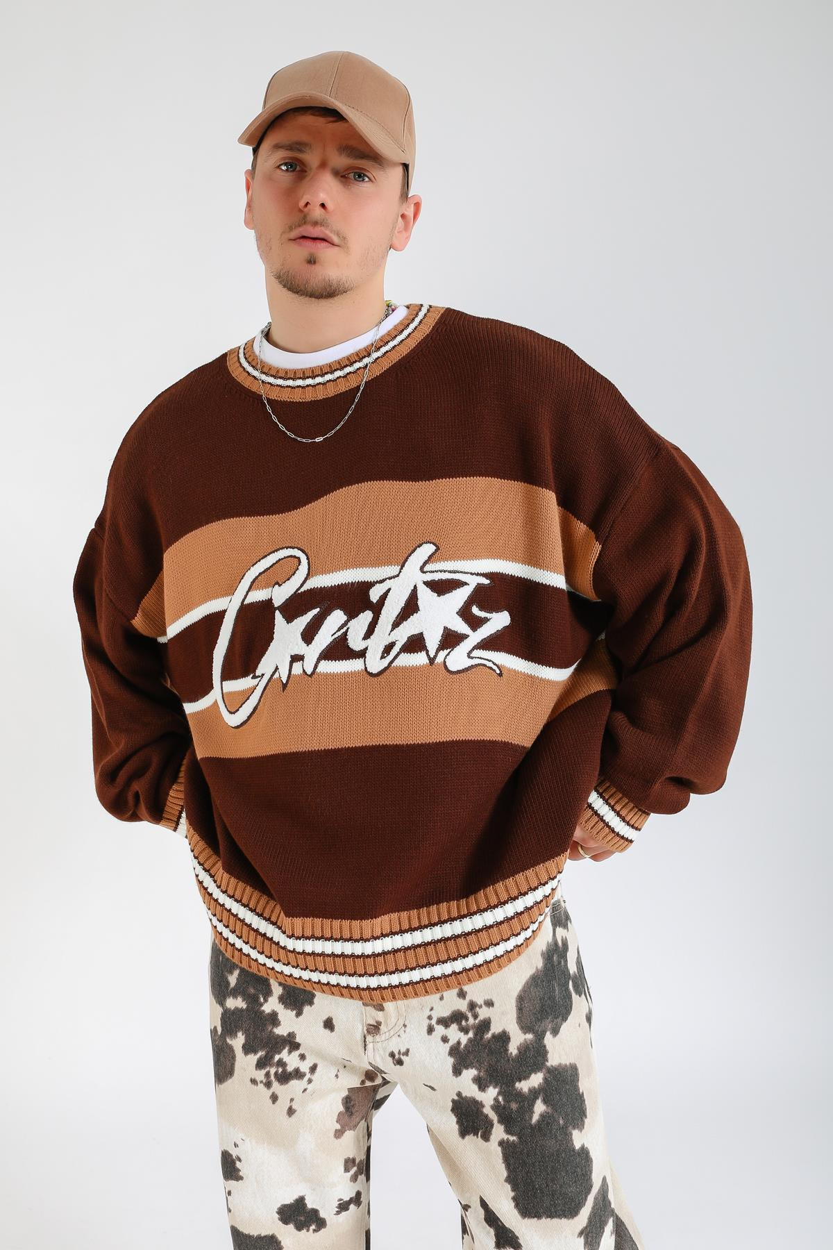 Şeritli Kahve Oversize Kazak KZK150