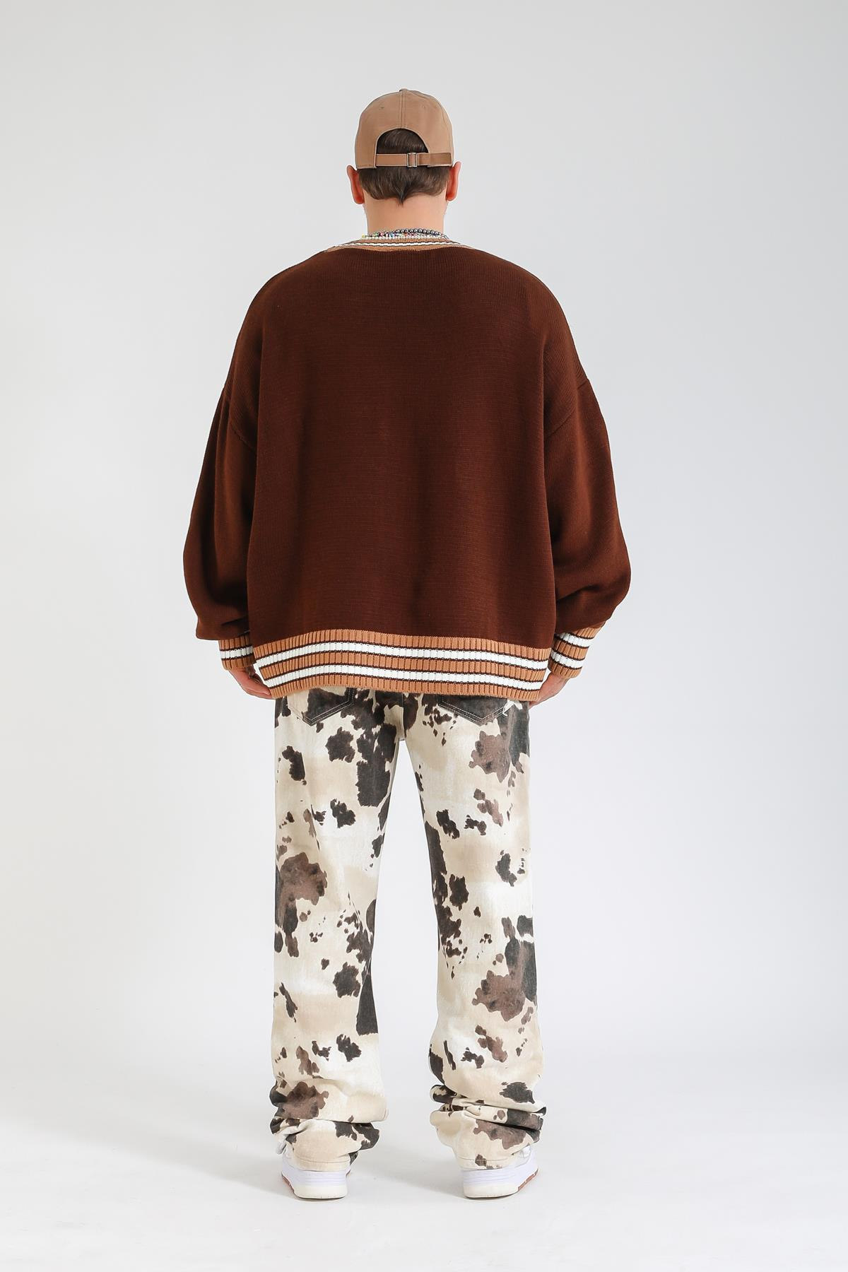 Şeritli Kahve Oversize Kazak KZK150