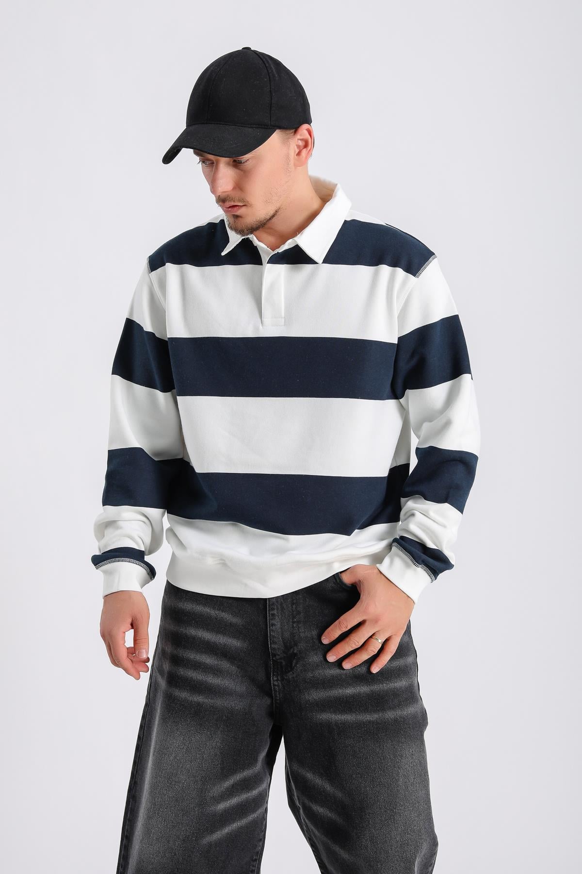 Şeritli Krem Oversize Sleeved Tshirt SW1132