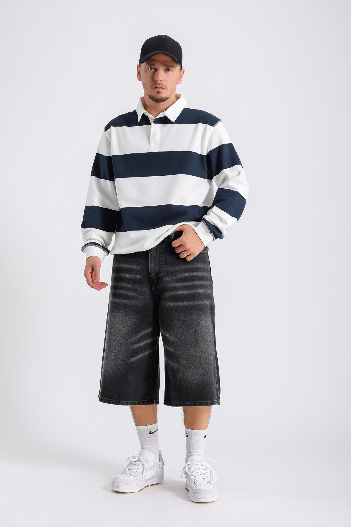 Şeritli Krem Oversize Sleeved Tshirt SW1132