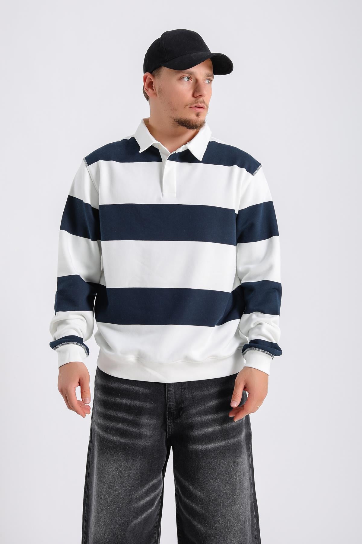 Şeritli Krem Oversize Sleeved Tshirt SW1132