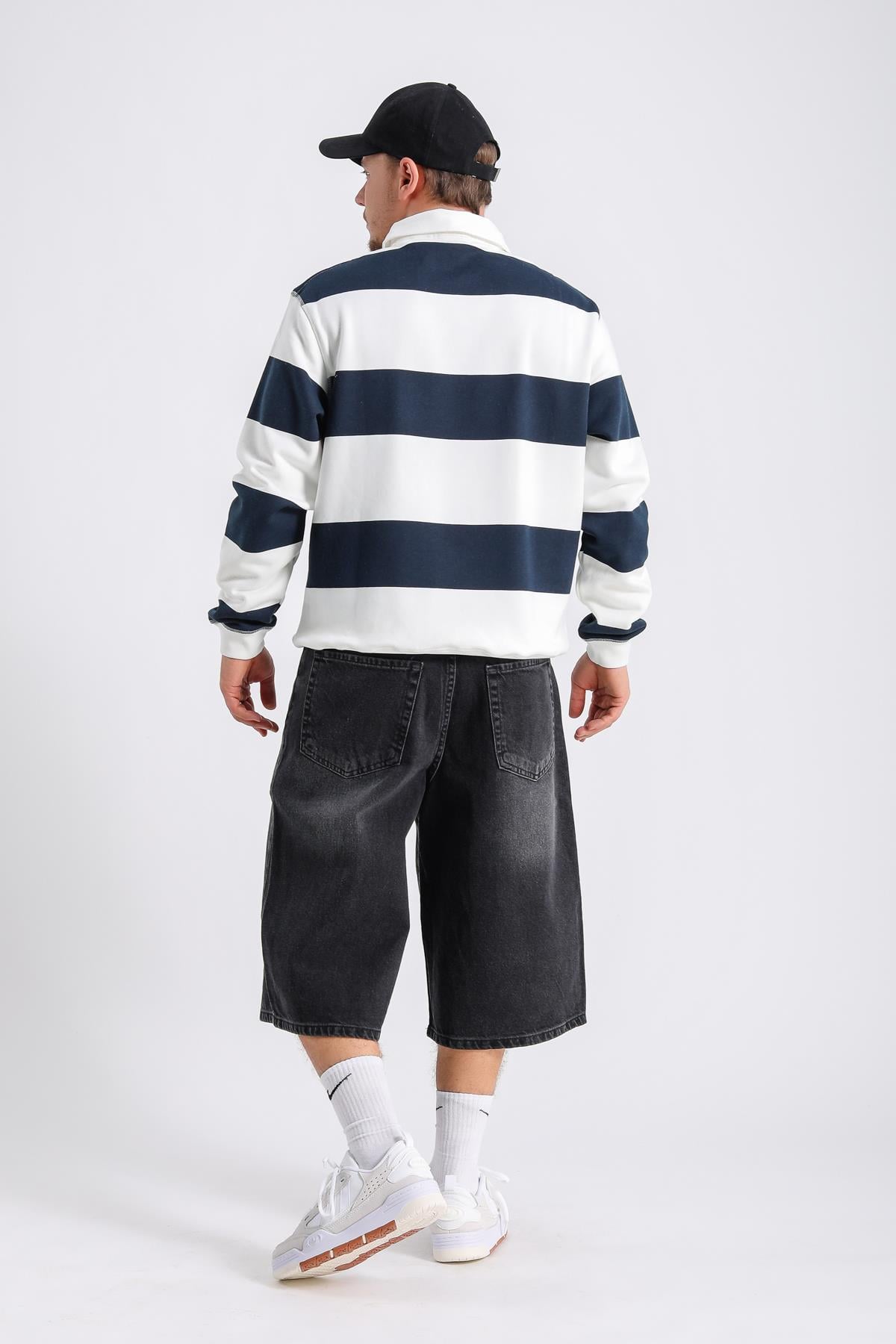 Şeritli Krem Oversize Sleeved Tshirt SW1132