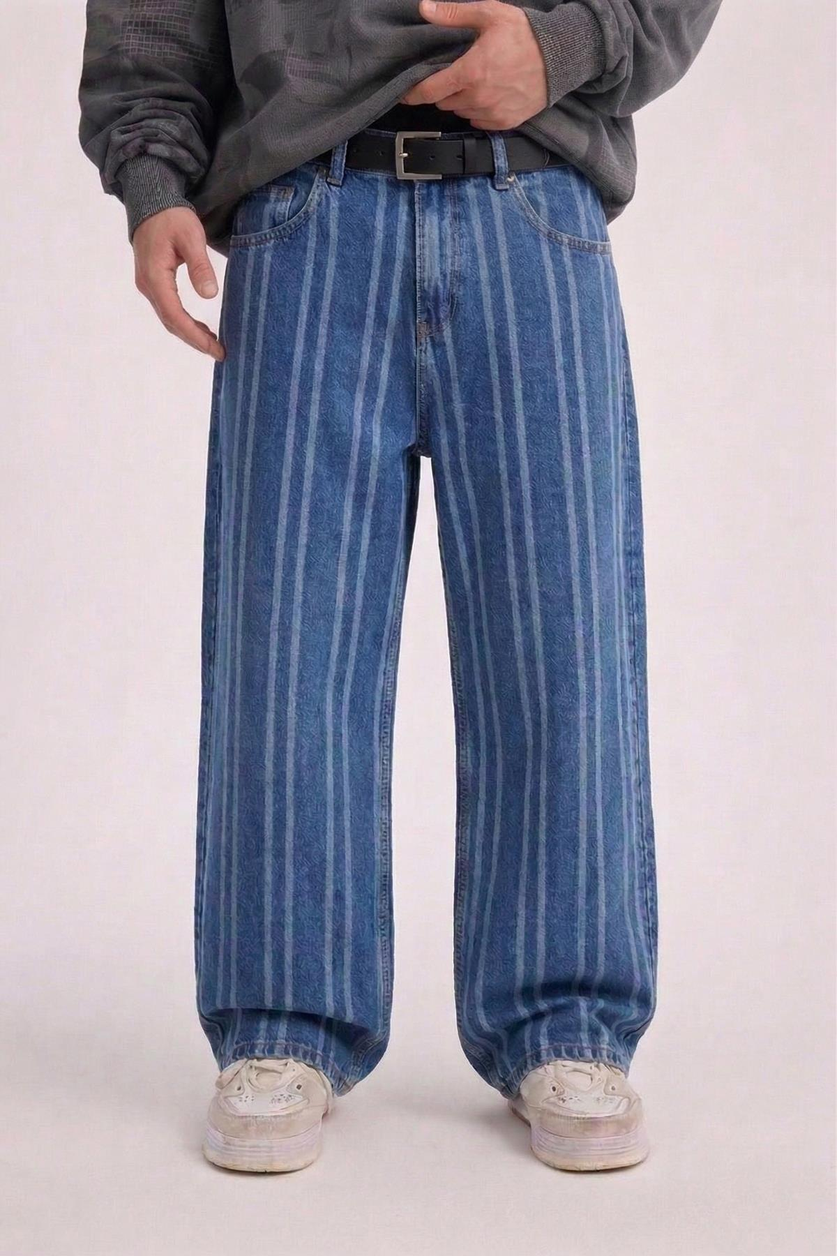 Şeritli Mavi Baggy Jean Pantolon