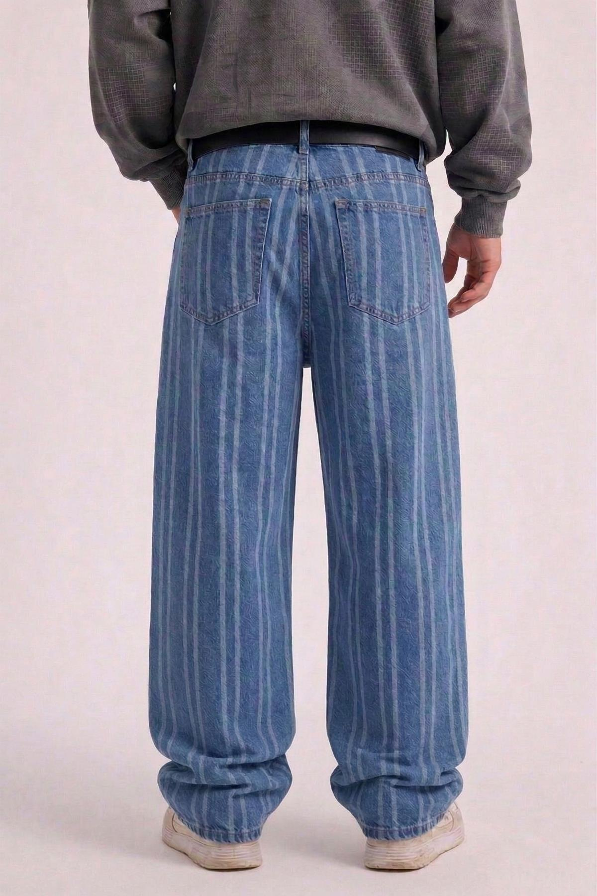 Şeritli Mavi Baggy Jean Pantolon