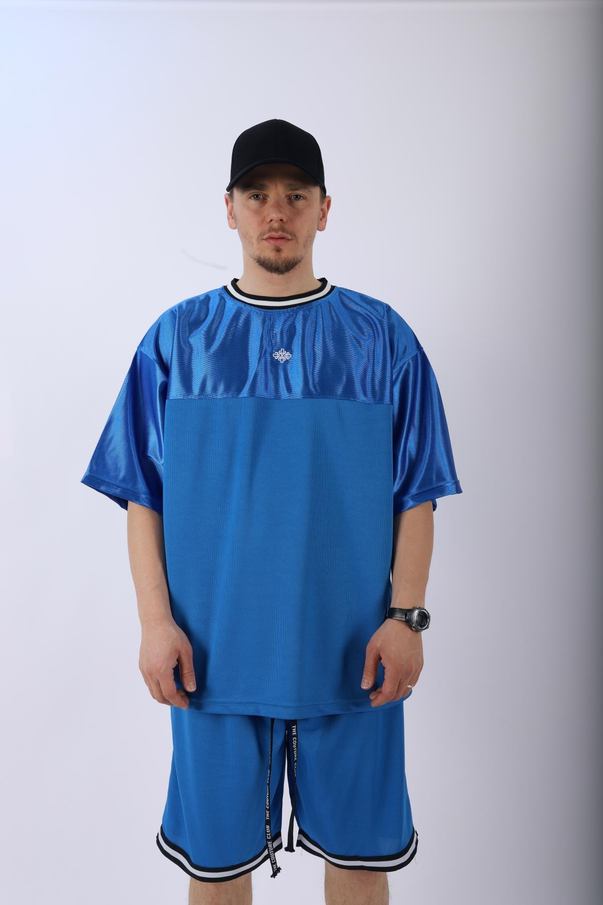 Şeritli Mavi Oversize Şort Tshirt Takım TKM137