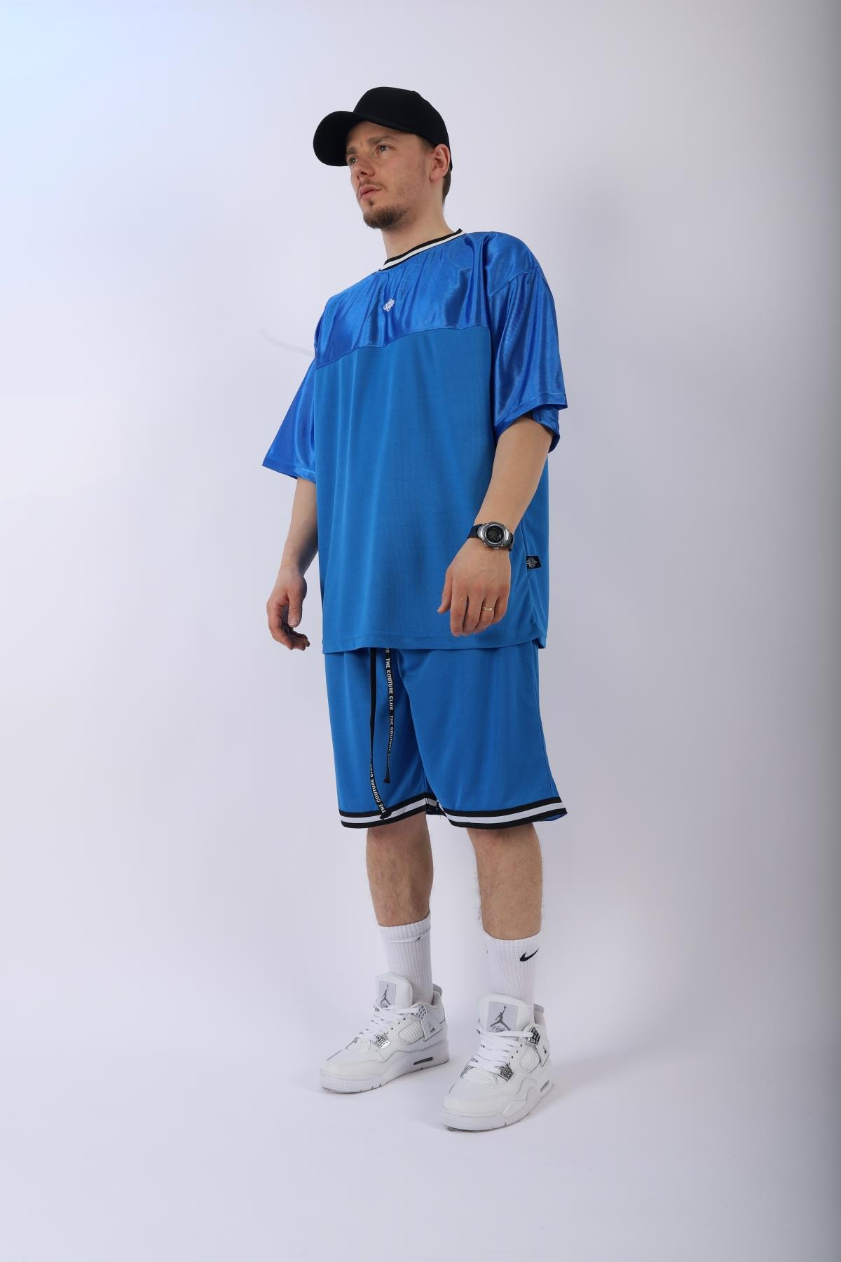 Şeritli Mavi Oversize Şort Tshirt Takım TKM137