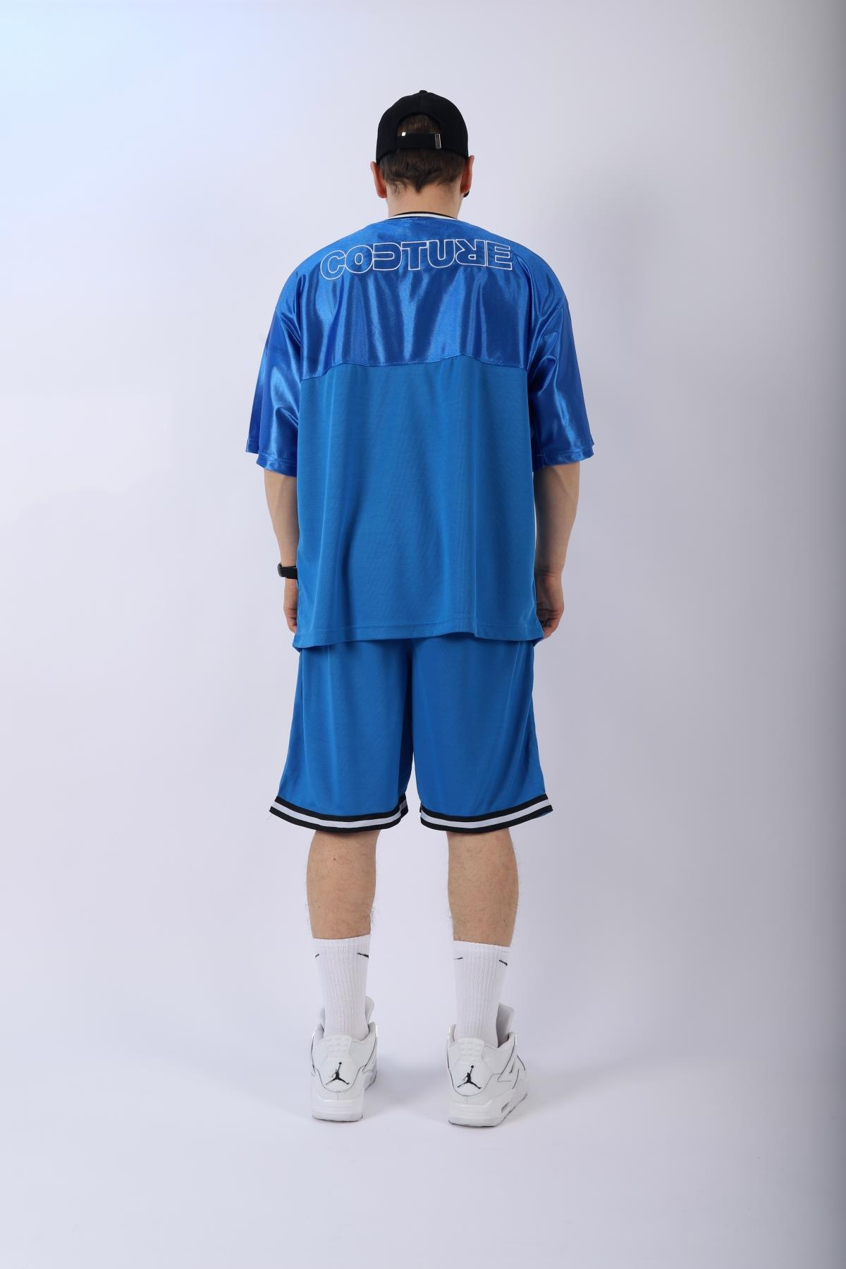 Şeritli Mavi Oversize Şort Tshirt Takım TKM137