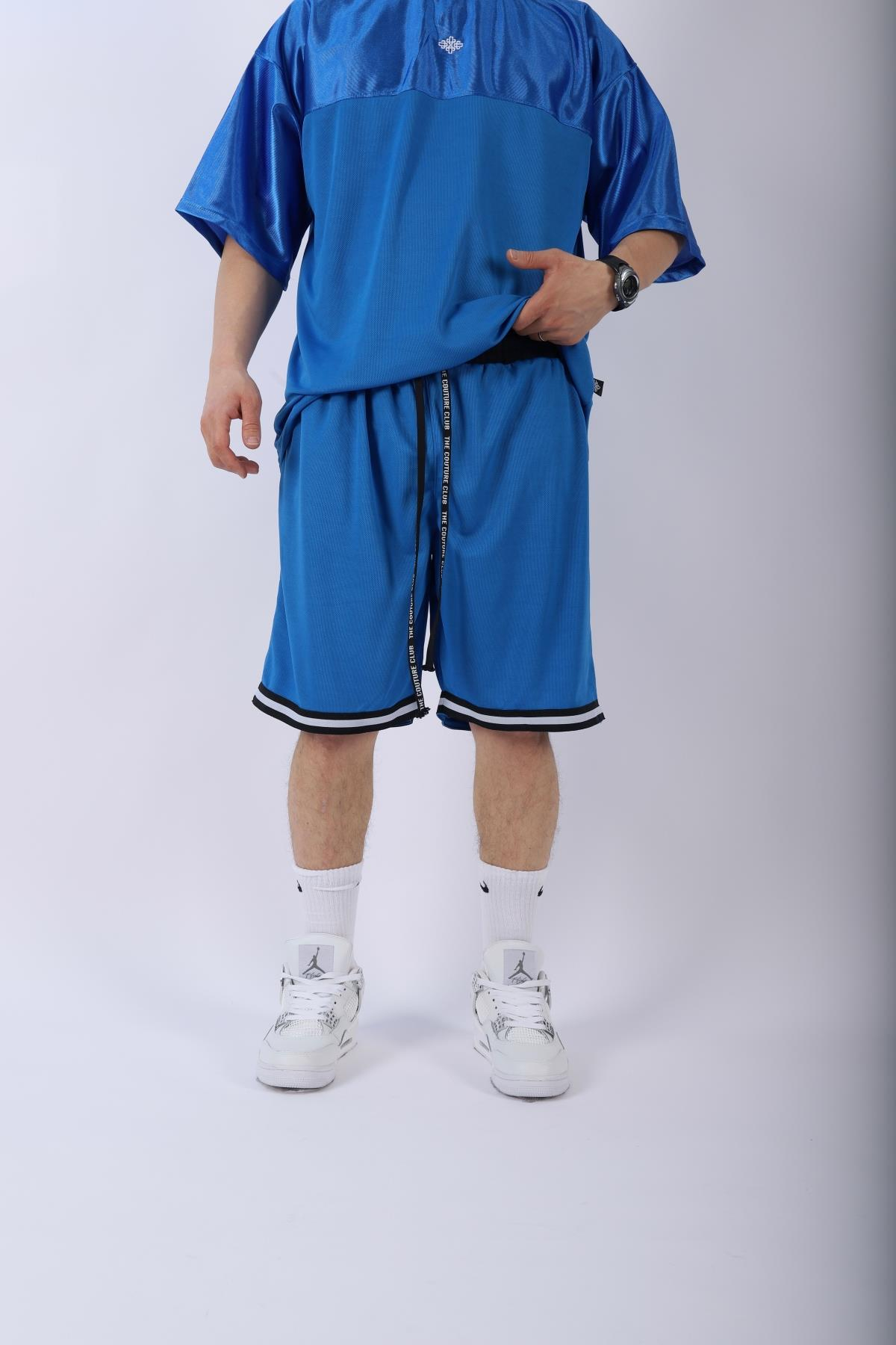 Şeritli Mavi Oversize Şort Tshirt Takım TKM137