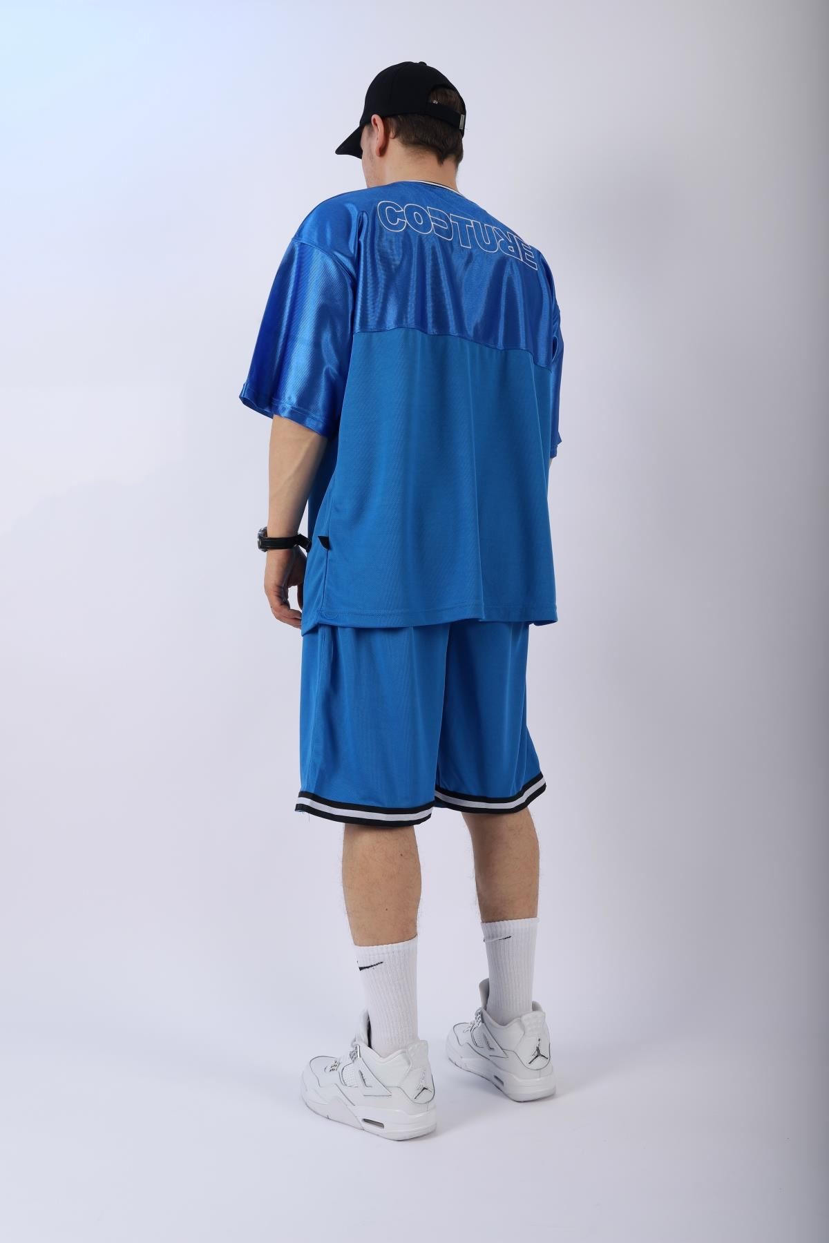 Şeritli Mavi Oversize Şort Tshirt Takım TKM137