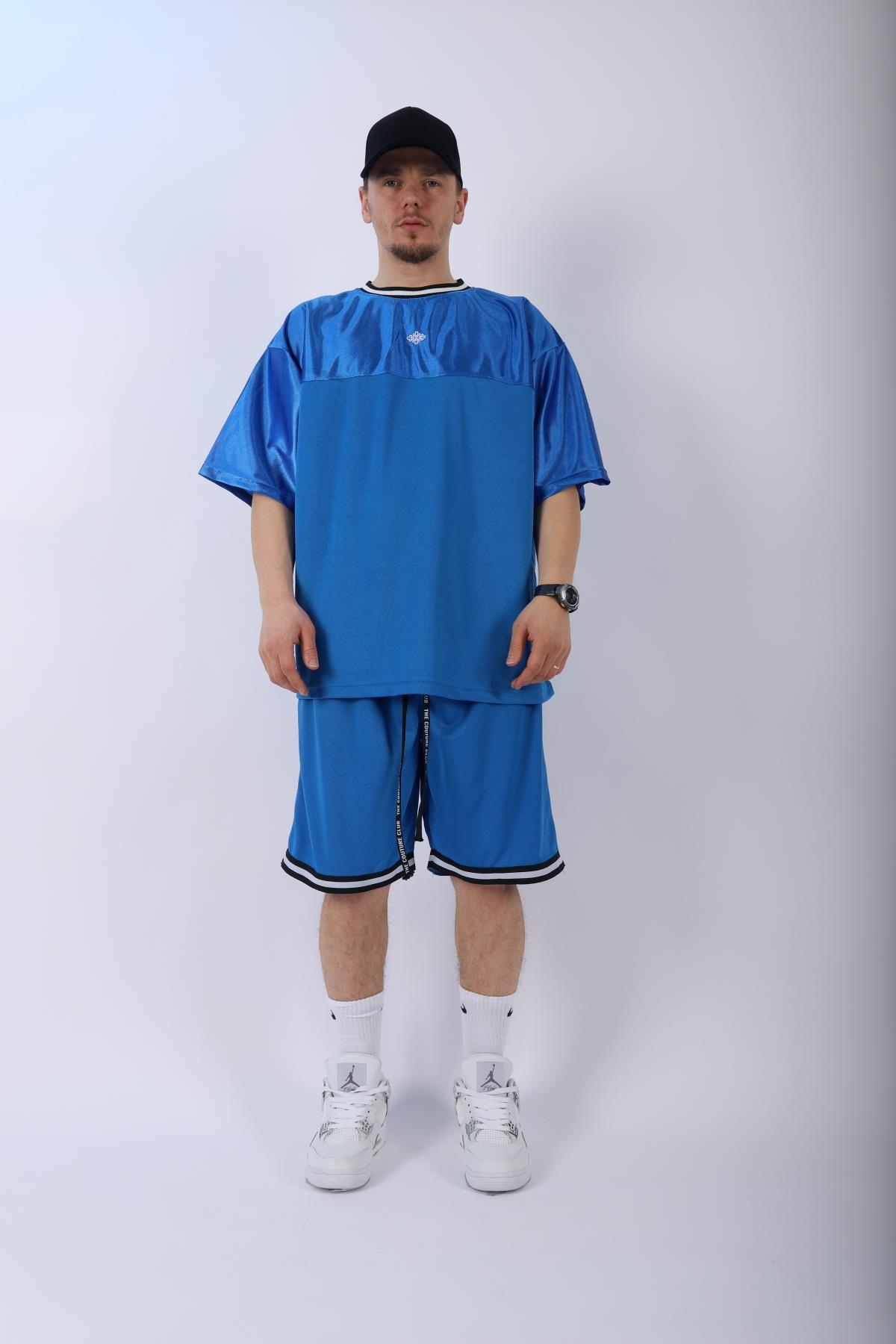 Şeritli Mavi Oversize Şort Tshirt Takım TKM137